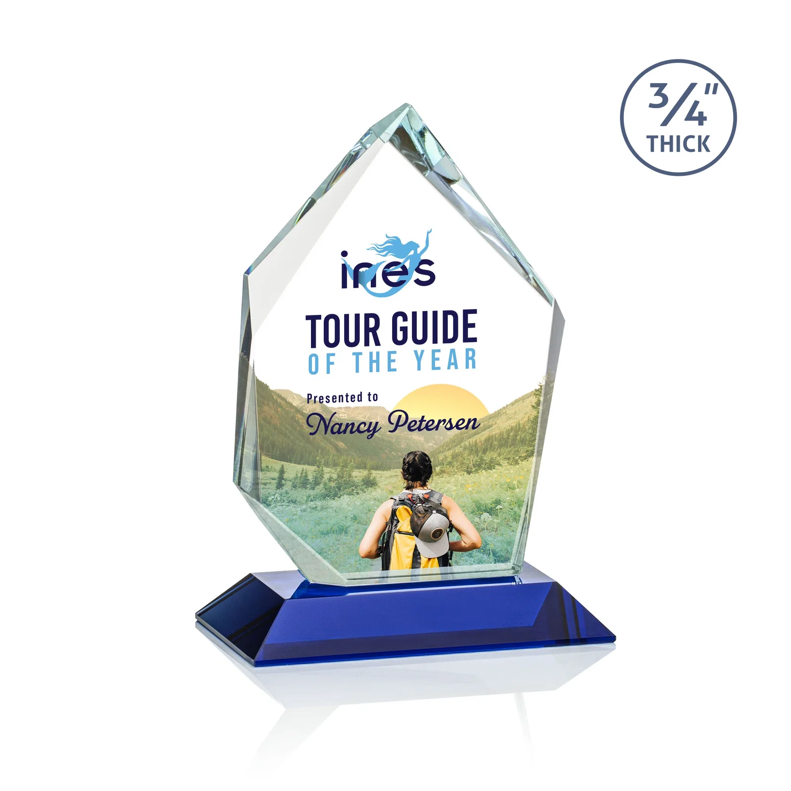 Custom printed Jade Glass Ice Peak Award With Interchanging, Intersecting Bevels for volunteer appreciation