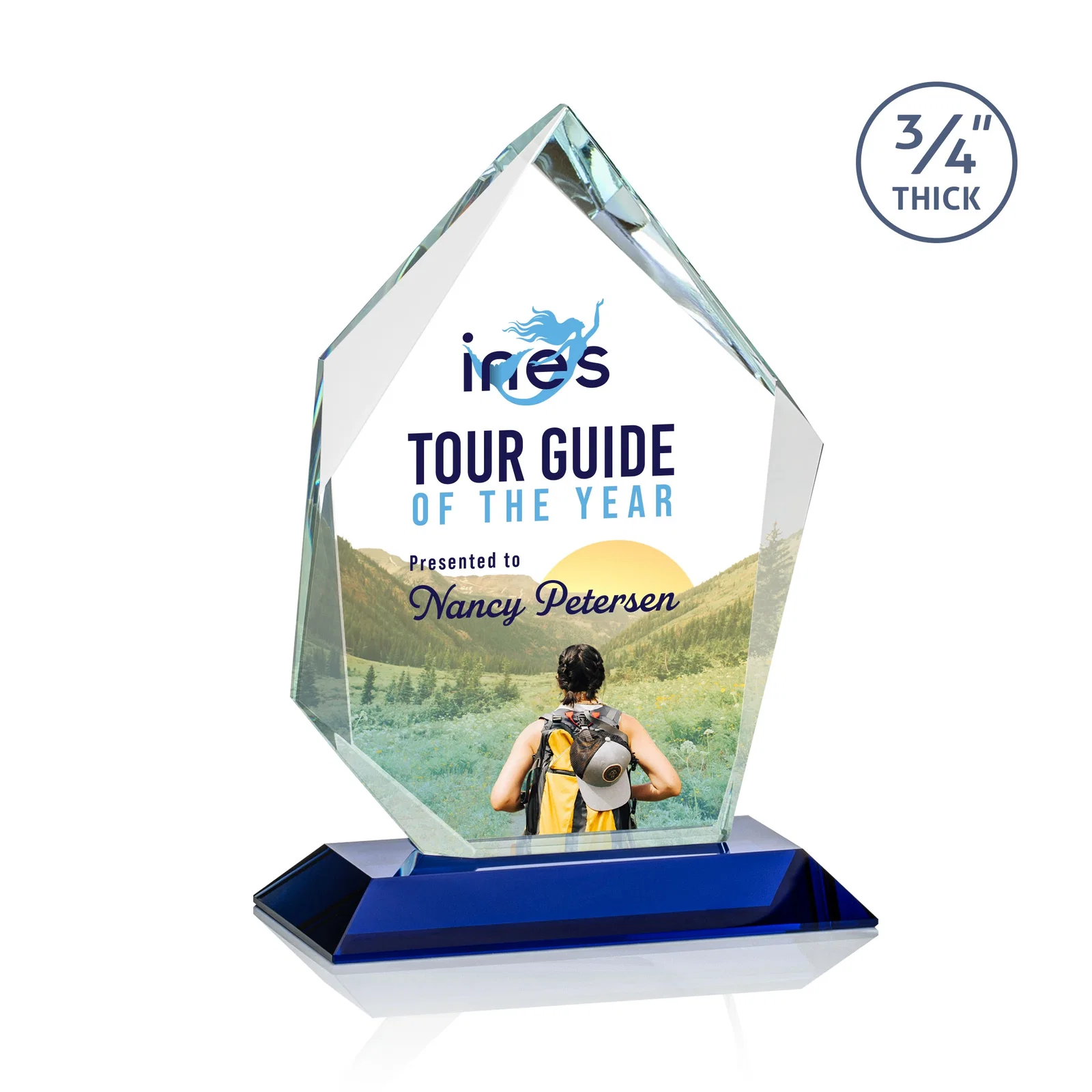 Custom printed Jade Glass Ice Peak Award With Interchanging, Intersecting Bevels for dealer and partner awards