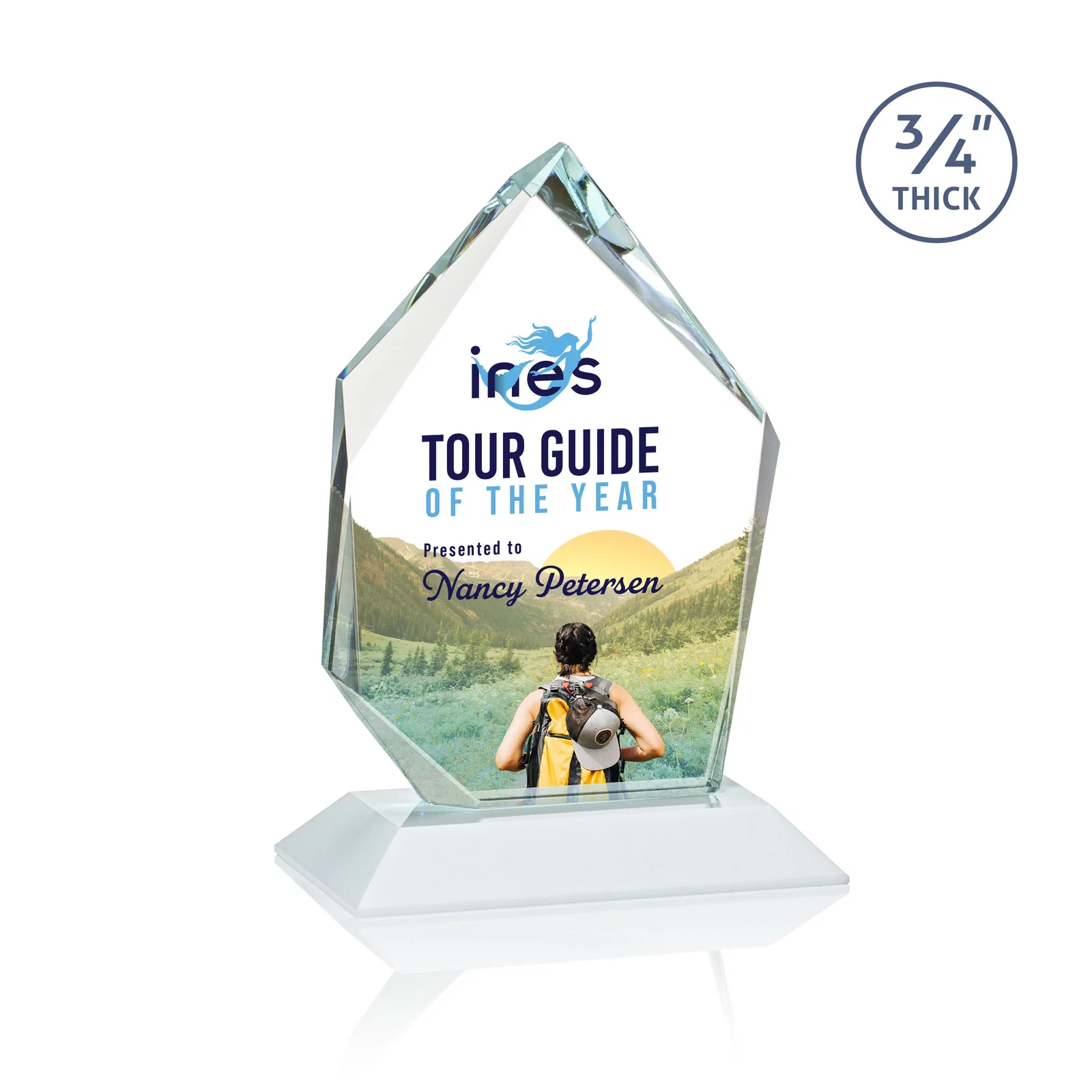Custom engraved Jade Glass Ice Peak Award With Interchanging, Intersecting Bevels for corporate award ceremonies