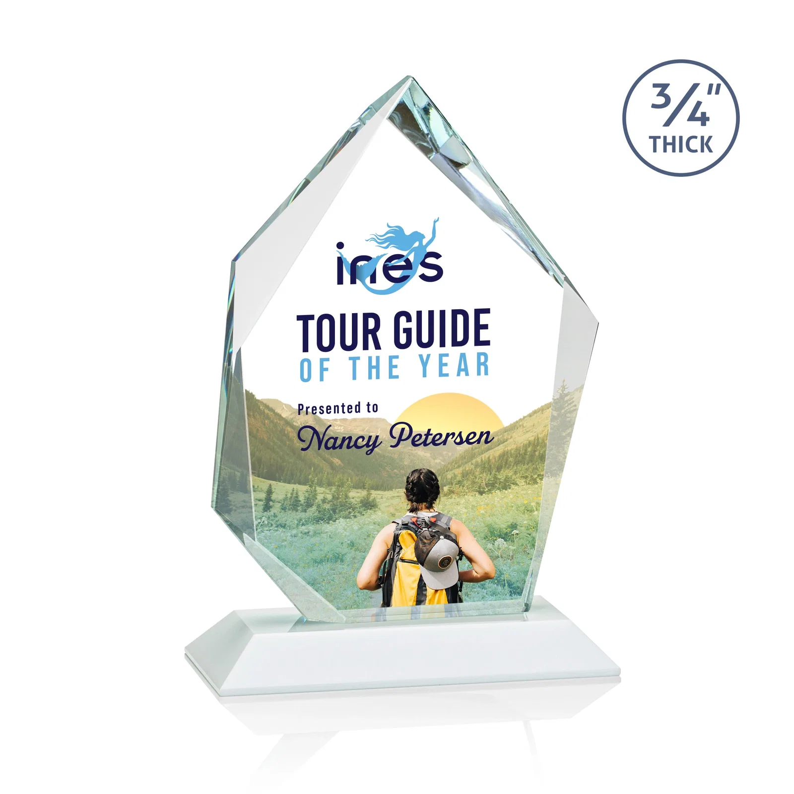 Custom engraved Jade Glass Ice Peak Award With Interchanging, Intersecting Bevels for service anniversary gifts