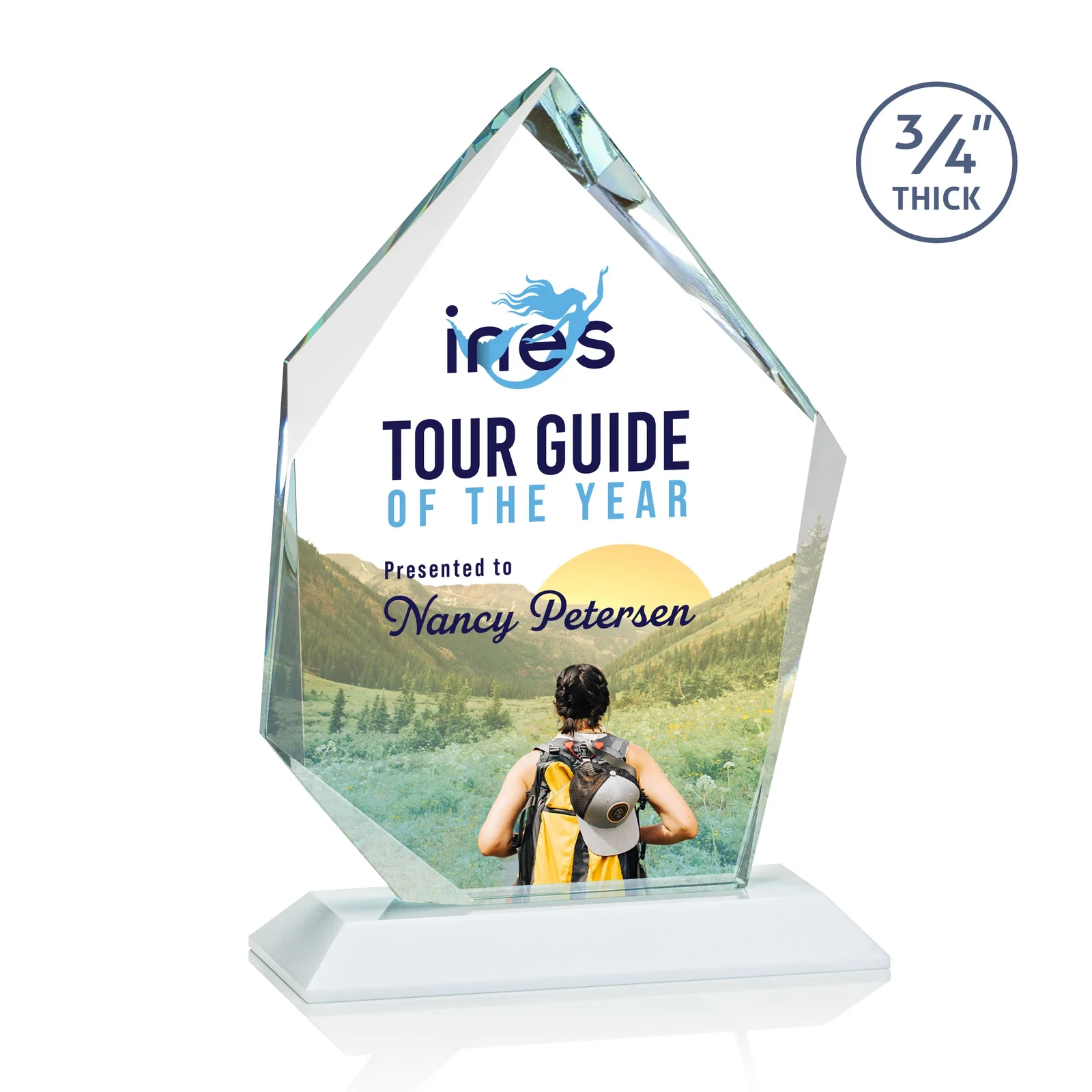 Custom engraved Jade Glass Ice Peak Award With Interchanging, Intersecting Bevels for sales achievement awards