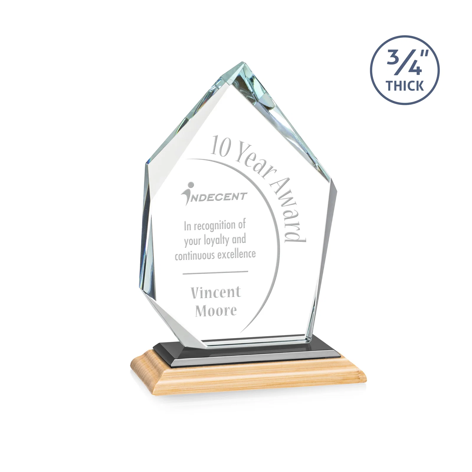 Custom engraved Jade Glass Ice Peak Award With Interchanging, Intersecting Bevels for team milestone celebrations