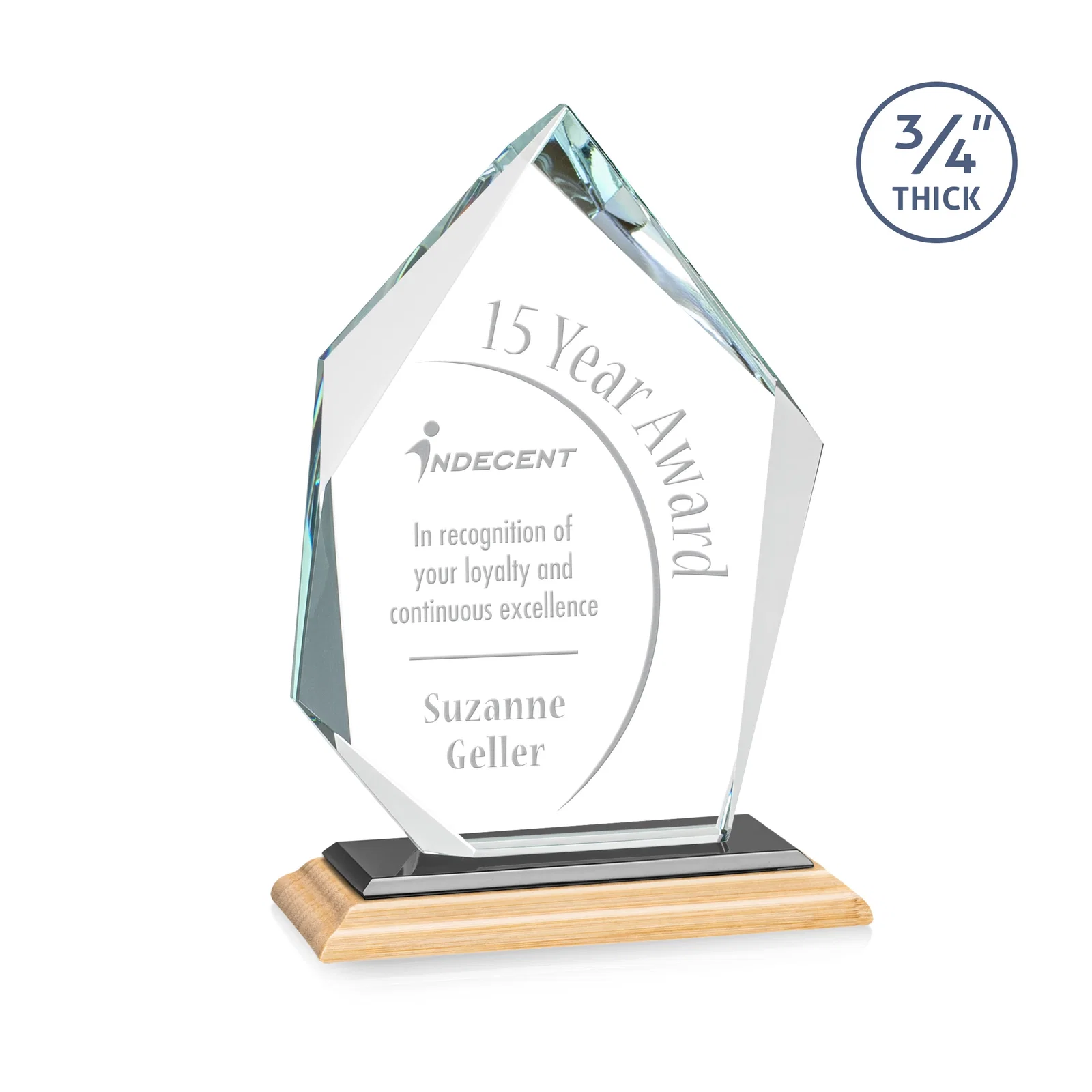 Custom engraved Jade Glass Ice Peak Award With Interchanging, Intersecting Bevels for donor appreciation