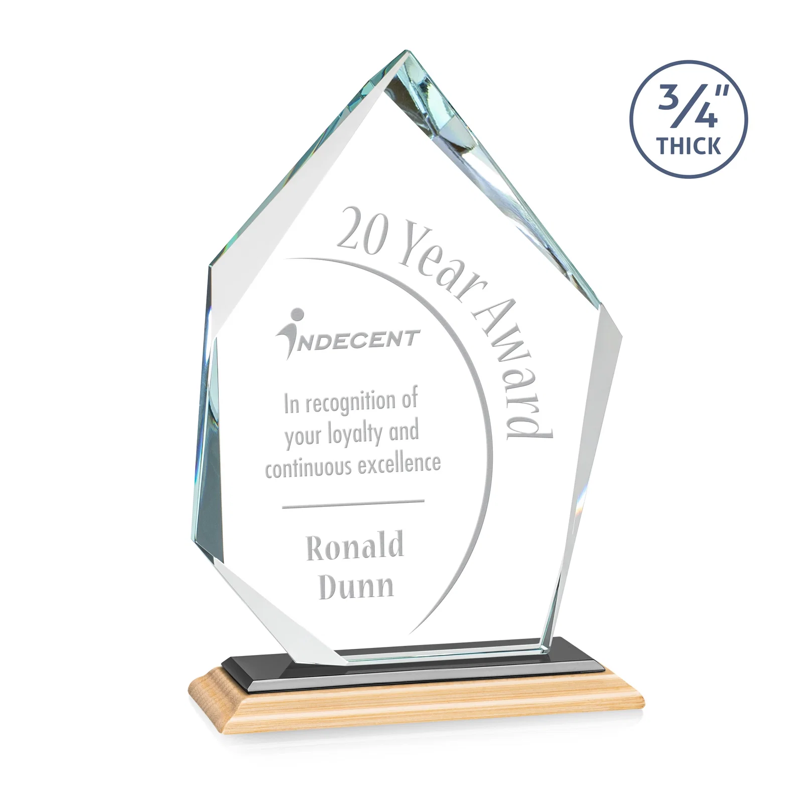 Custom engraved Jade Glass Ice Peak Award With Interchanging, Intersecting Bevels for graduation ceremonies