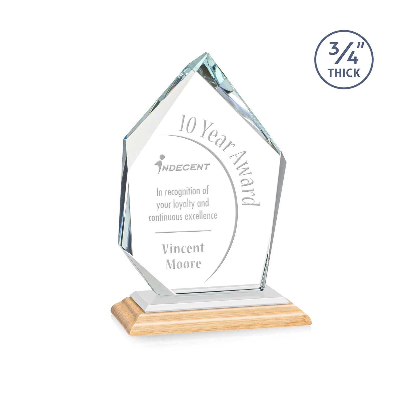 Custom engraved Jade Glass Ice Peak Award With Interchanging, Intersecting Bevels for volunteer appreciation