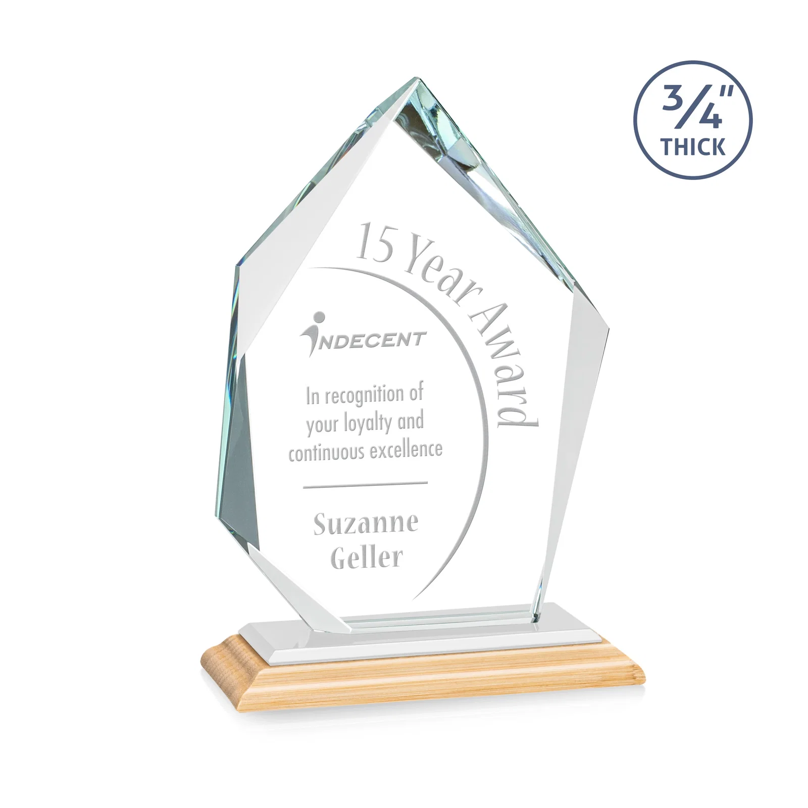 Custom engraved Jade Glass Ice Peak Award With Interchanging, Intersecting Bevels for dealer and partner awards