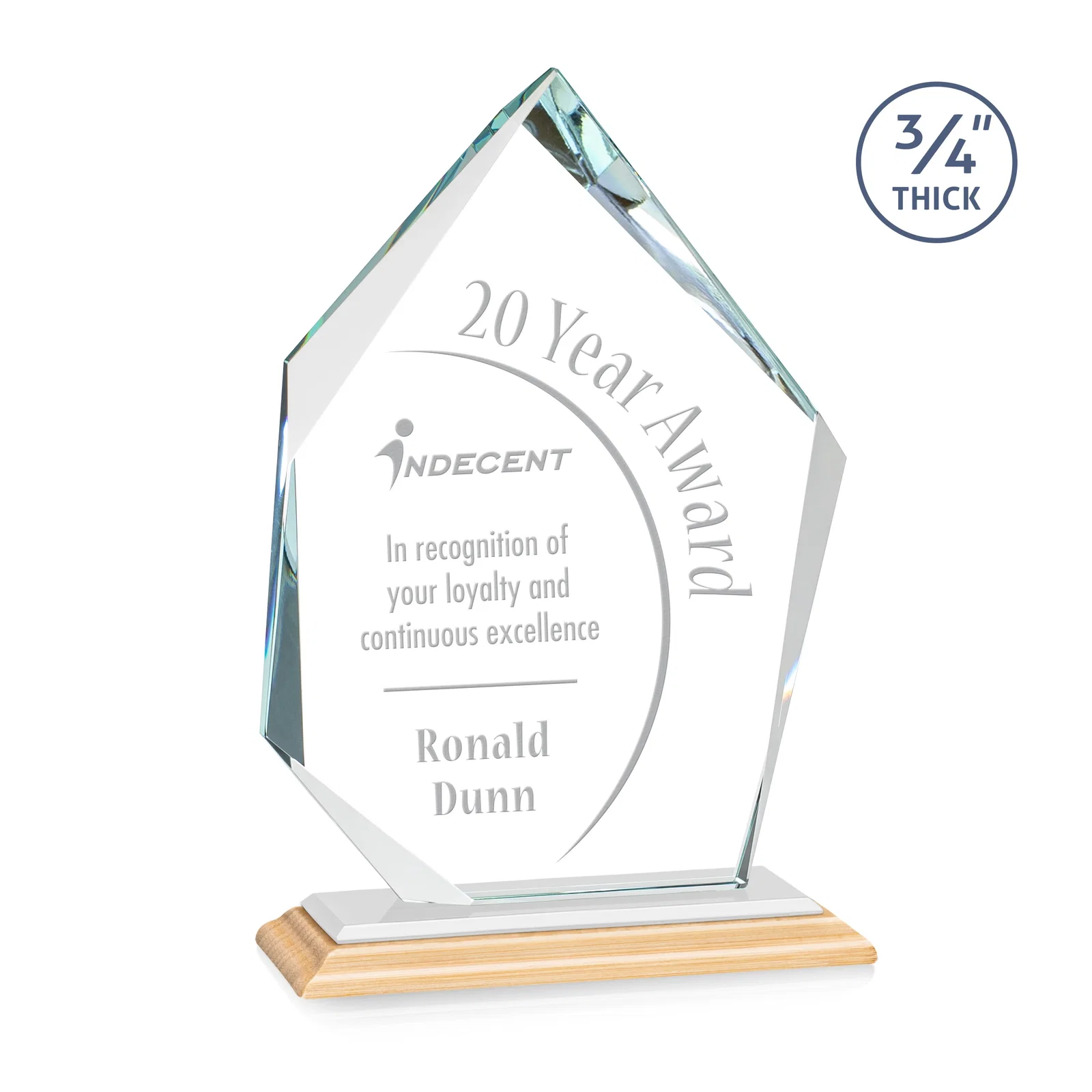 Custom engraved Jade Glass Ice Peak Award With Interchanging, Intersecting Bevels for company anniversary events