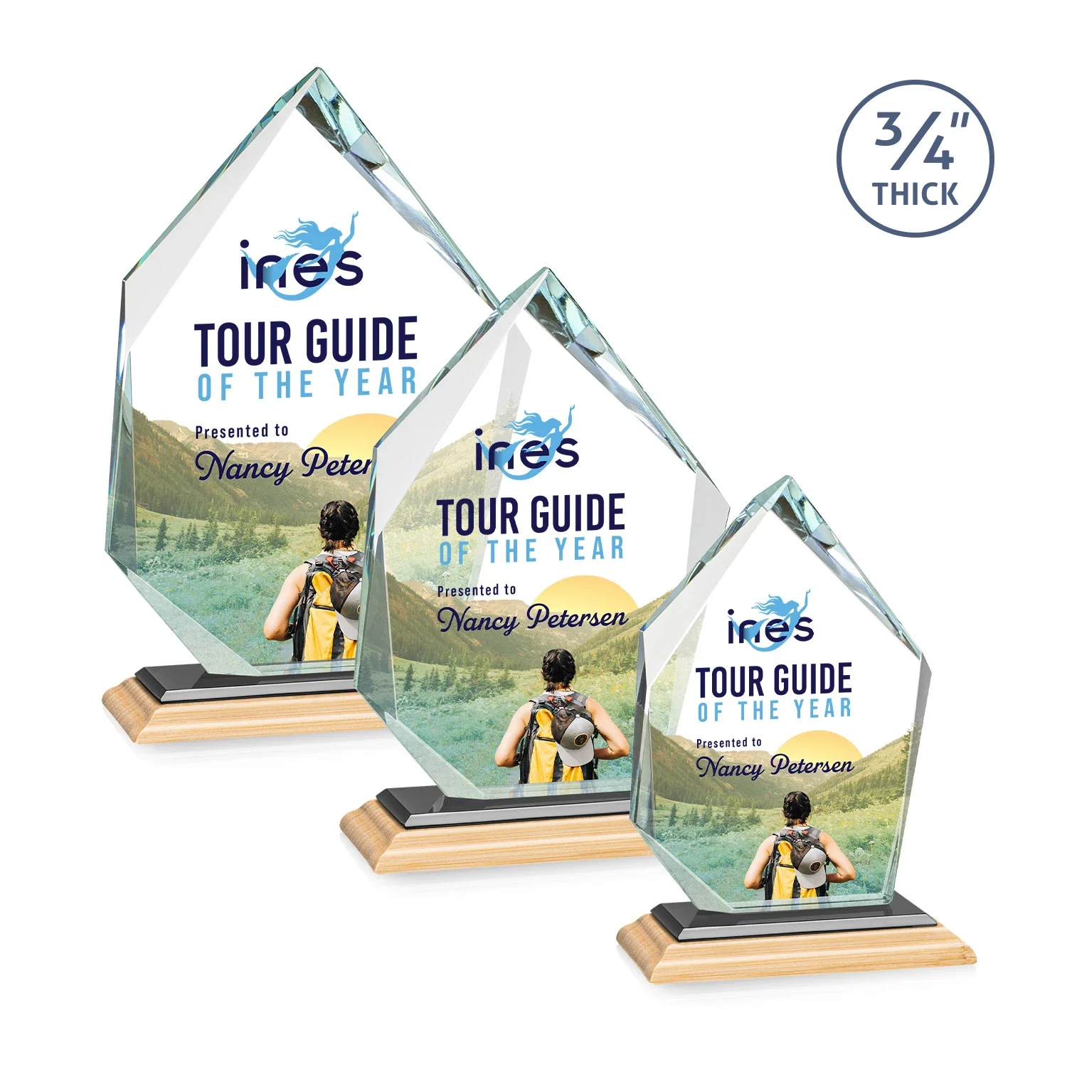 Custom Jade Glass Ice Peak Award With Interchanging, Intersecting Bevels, with your logo for employee recognition