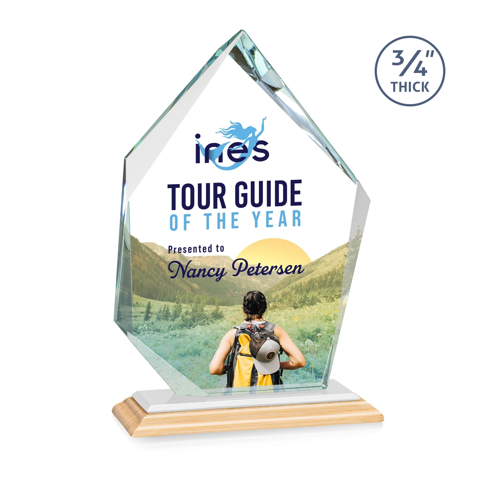 Custom Jade Glass Ice Peak Award With Interchanging, Intersecting Bevels, with your logo for graduation ceremonies