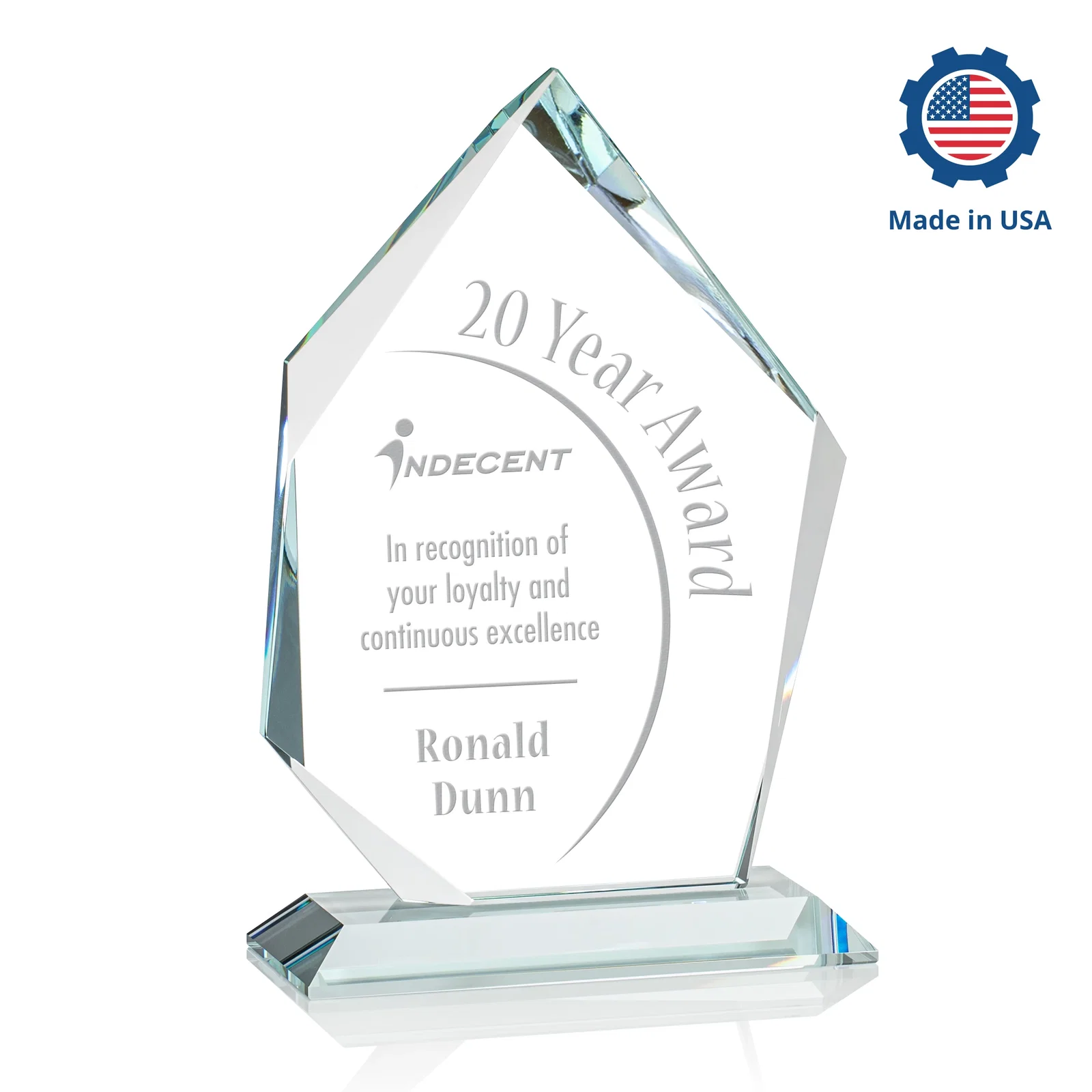 Custom Jade Glass Ice Peak Award With Interchanging, Intersecting Bevels, with your logo for company anniversary events