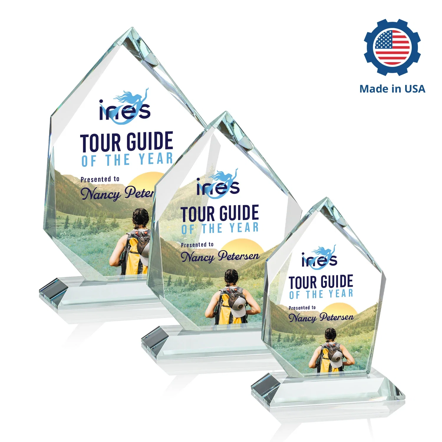 Personalized Jade Glass Ice Peak Award With Interchanging, Intersecting Bevels, with your logo for employee recognition