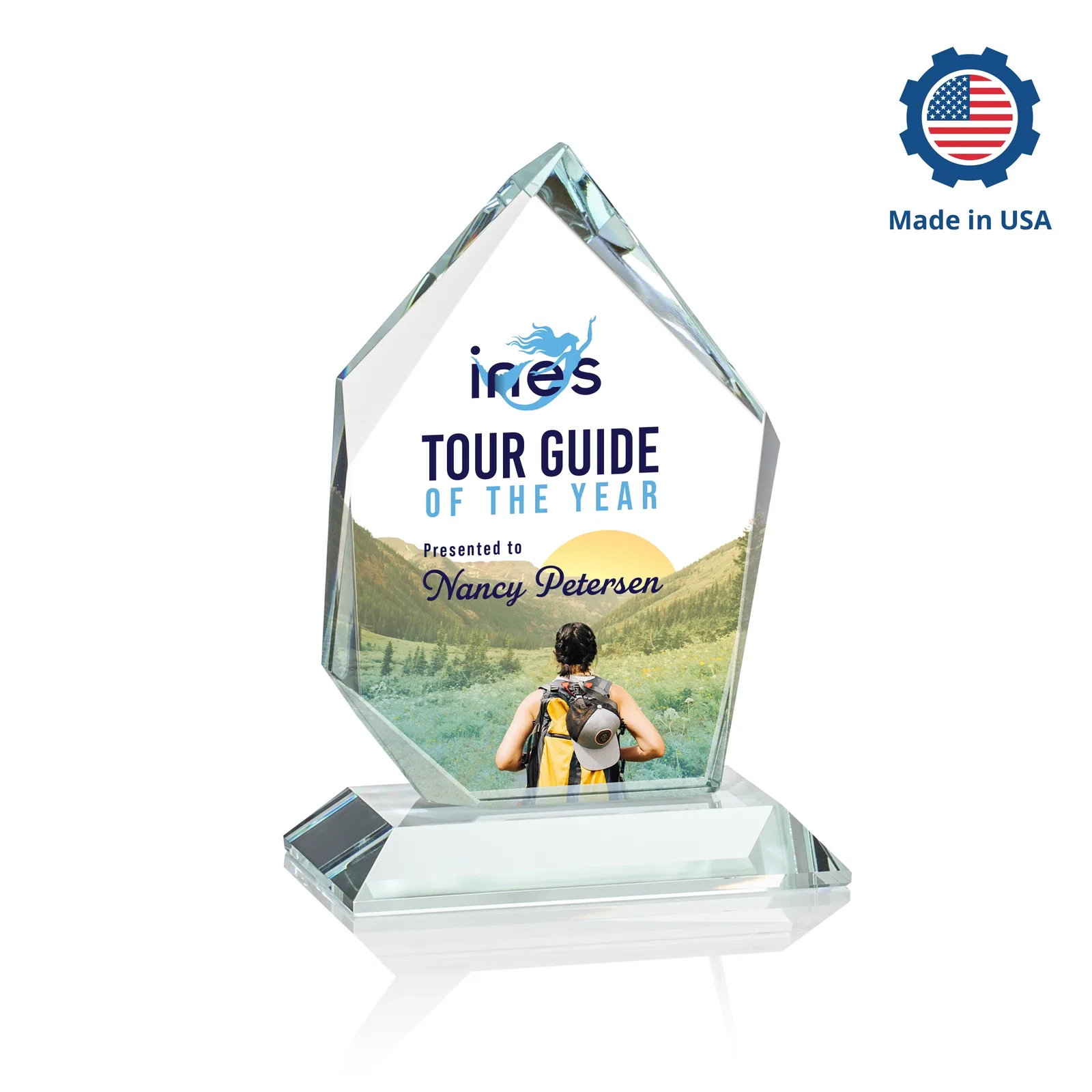 Personalized Jade Glass Ice Peak Award With Interchanging, Intersecting Bevels, with your logo for corporate award ceremonies