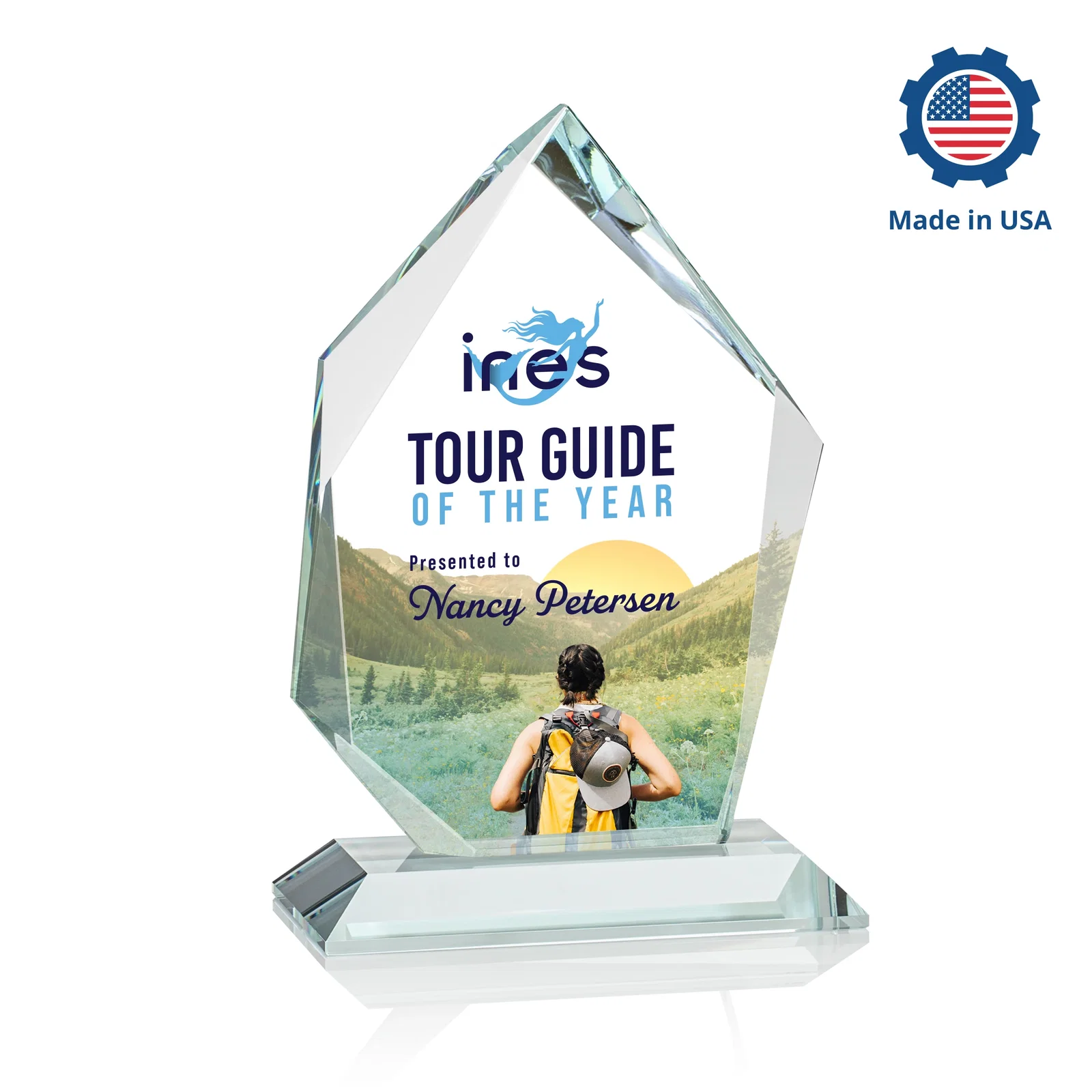 Personalized Jade Glass Ice Peak Award With Interchanging, Intersecting Bevels, with your logo for service anniversary gifts