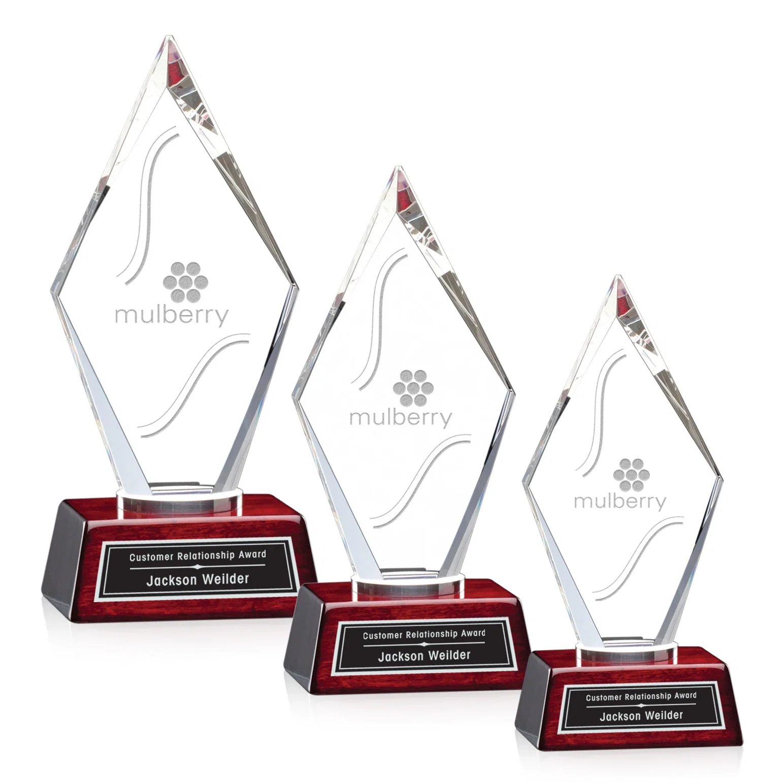 Custom Starfire Crystal Diamond Award on Two-Part Aluminum-Rosewood Base for employee recognition