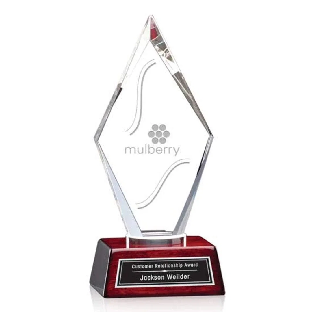 Custom Starfire Crystal Diamond Award on Two-Part Aluminum-Rosewood Base for corporate award ceremonies