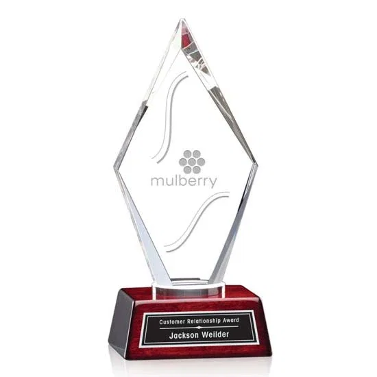 Custom Starfire Crystal Diamond Award on Two-Part Aluminum-Rosewood Base for service anniversary gifts