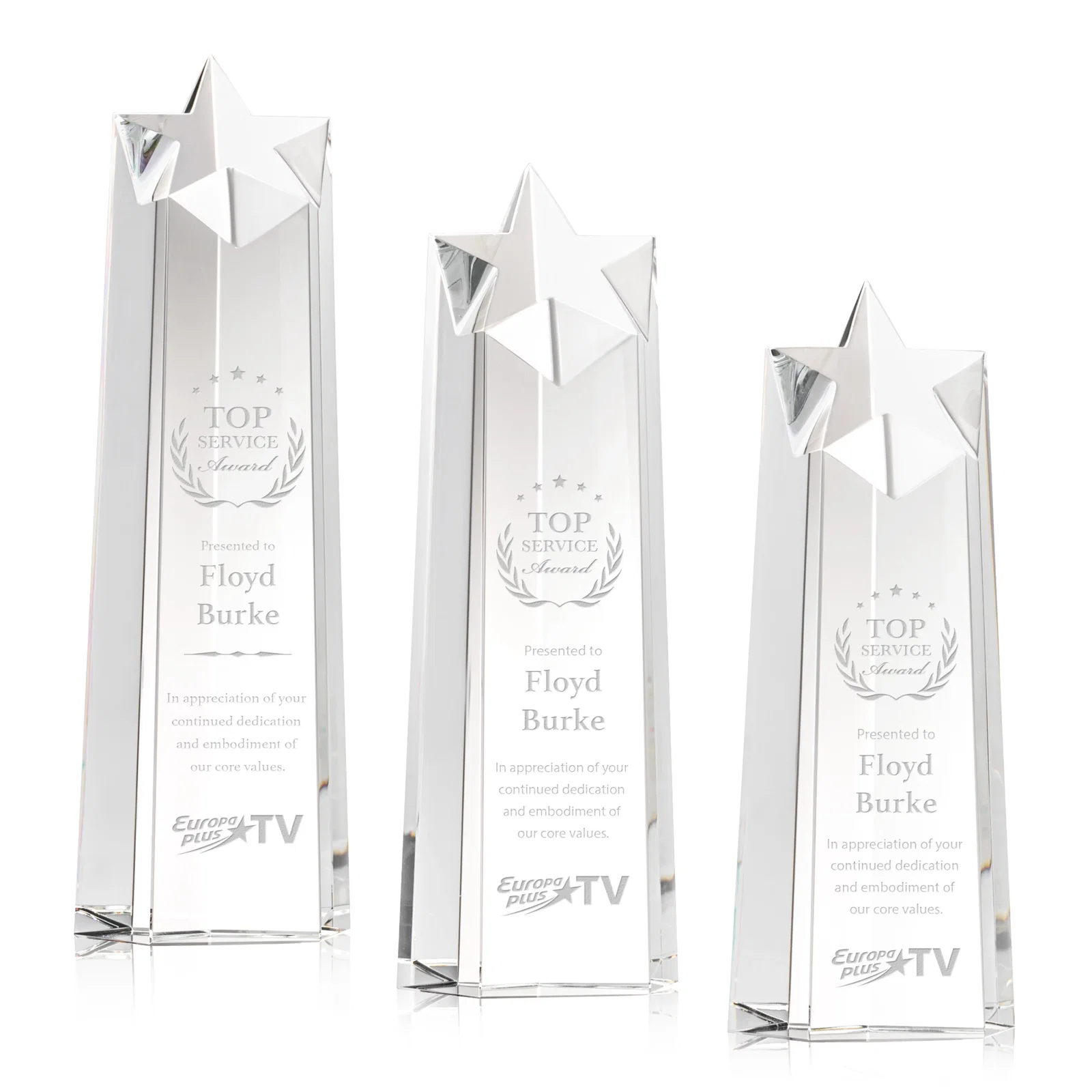 Custom Optical Crystal Tower Award, Star Cutout Through the Top for employee recognition