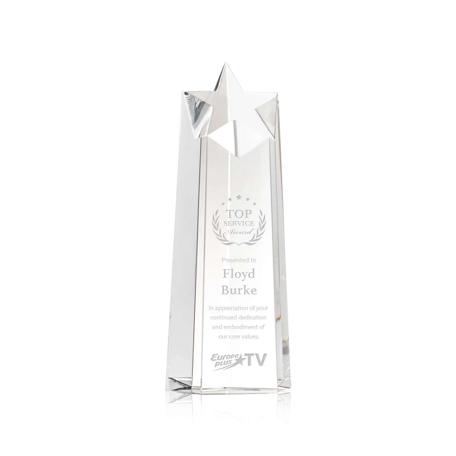 Custom Optical Crystal Tower Award, Star Cutout Through the Top for corporate award ceremonies