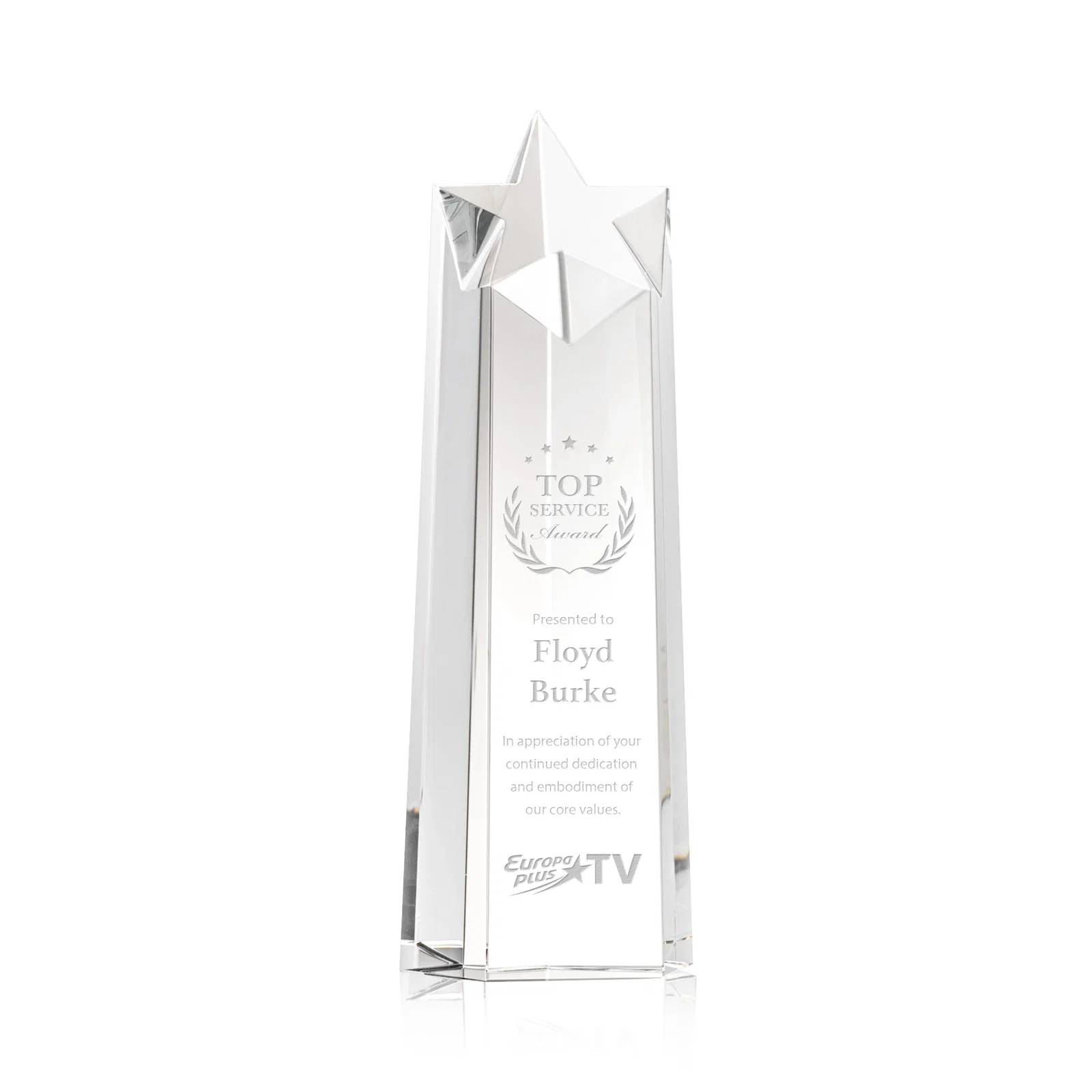 Custom Optical Crystal Tower Award, Star Cutout Through the Top for service anniversary gifts