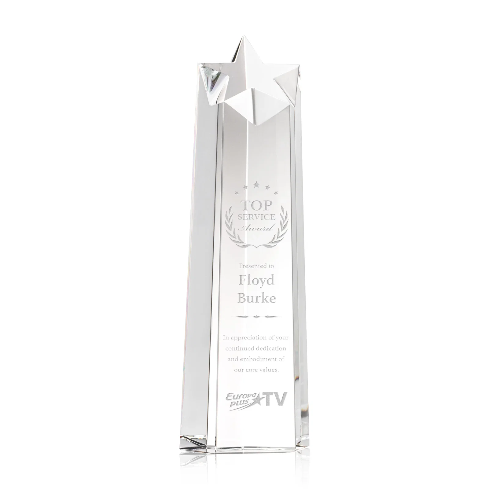 Custom Optical Crystal Tower Award, Star Cutout Through the Top for sales achievement awards