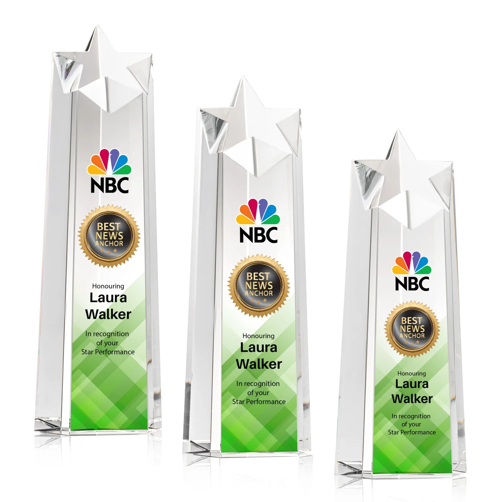 Custom Optical Crystal Tower Award, Star Cutout Through the Top for retirement presentations