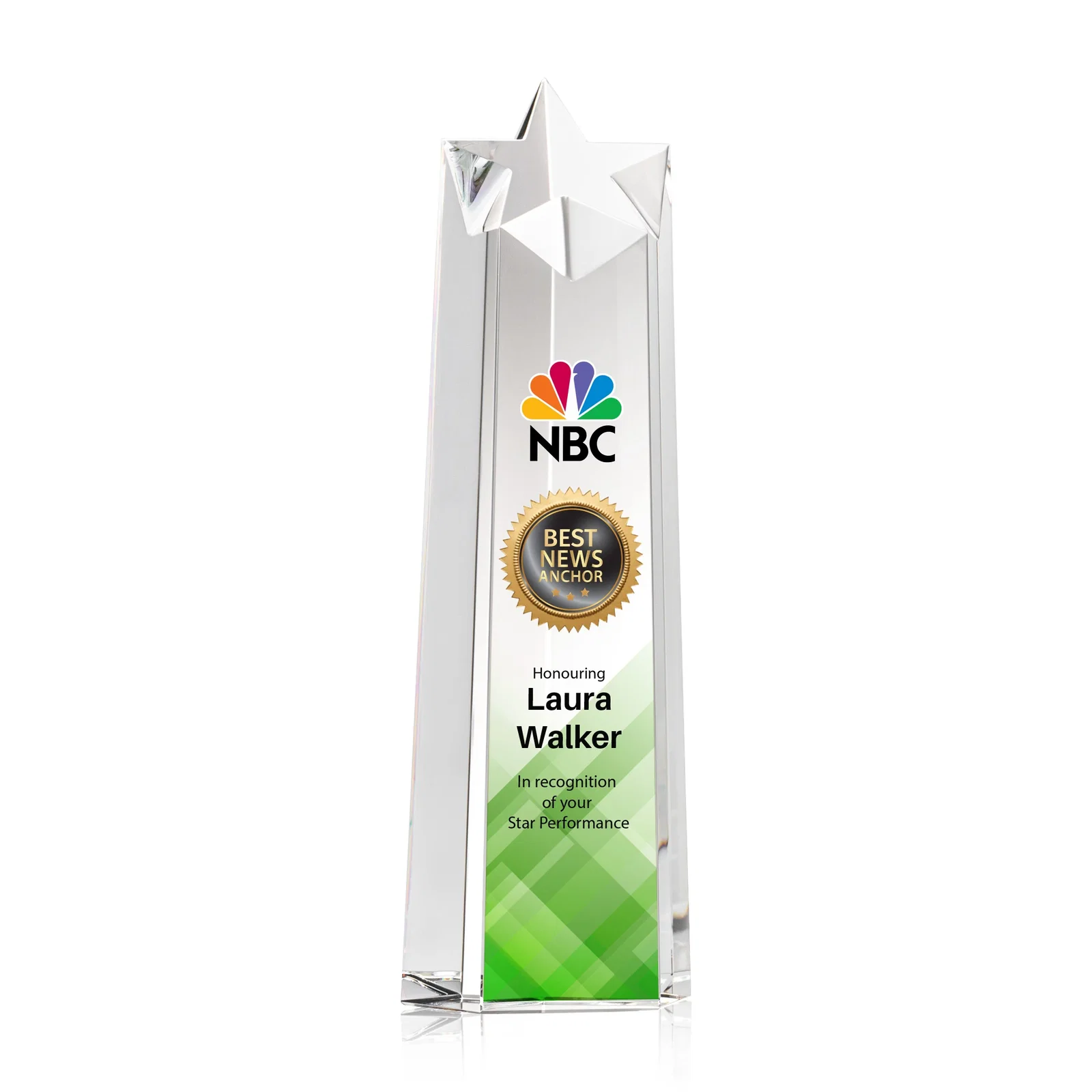 Custom Optical Crystal Tower Award, Star Cutout Through the Top for graduation ceremonies