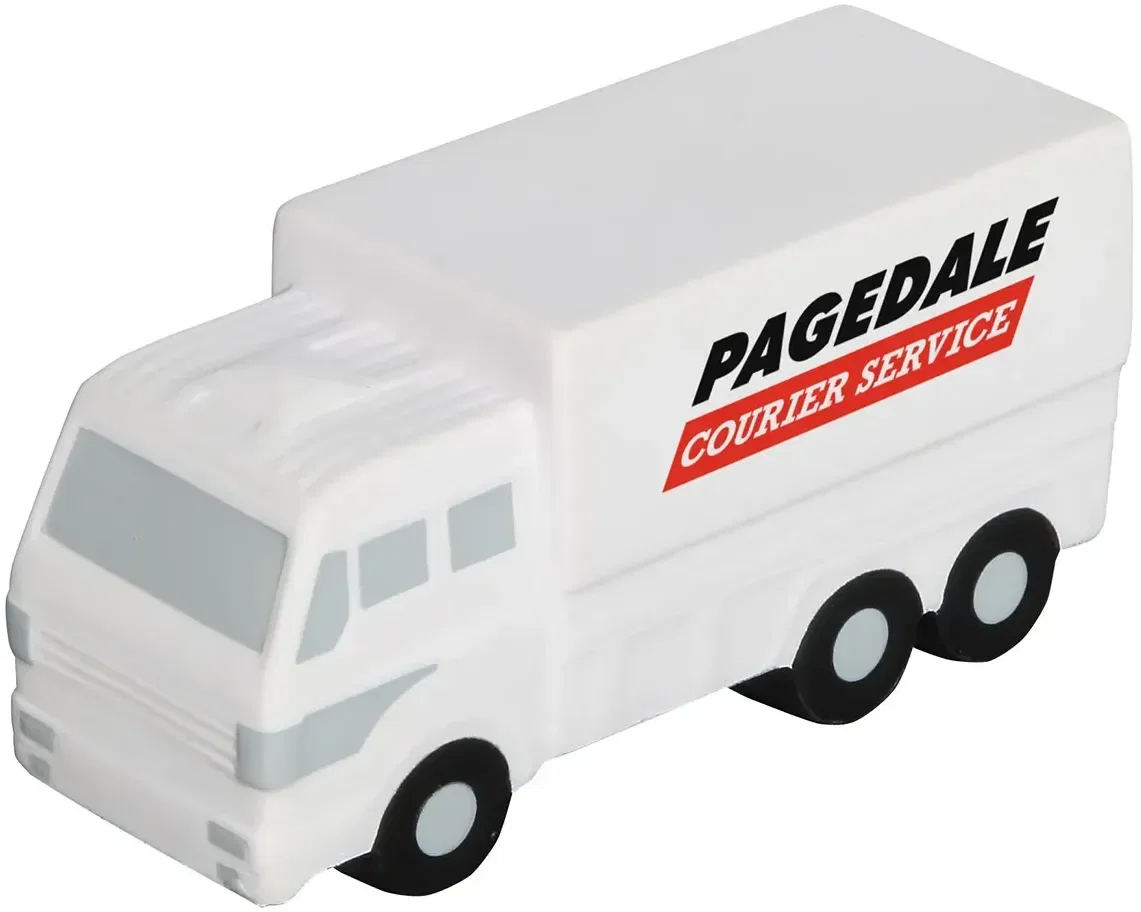 Side view of the custom Delivery Truck Stress Reliever showing the promotional logo imprint area on the foam truck