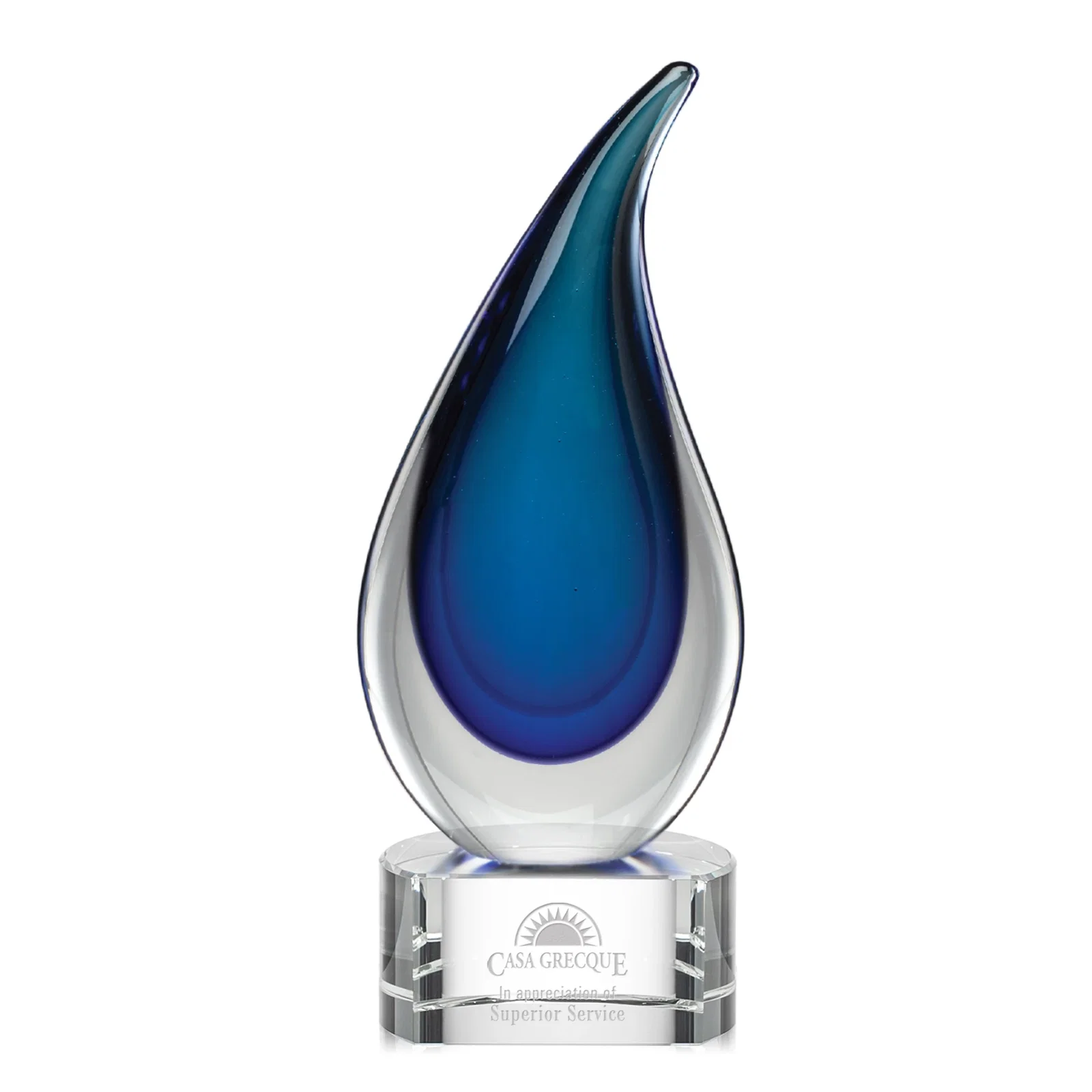 Custom Glass Flame Award With Layered Shades of Blue for sales achievement awards