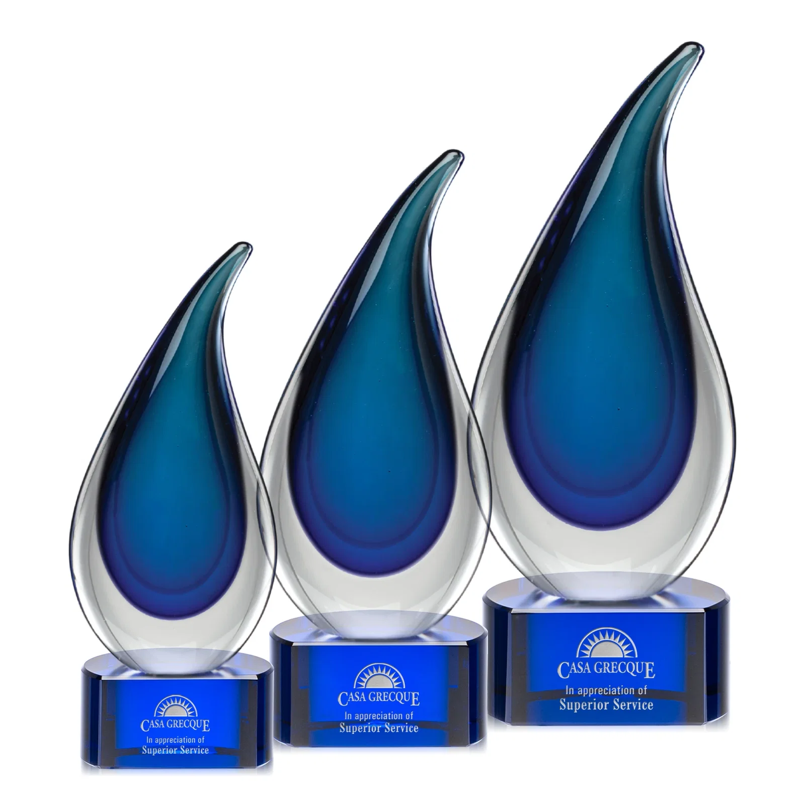 Custom Glass Flame Award With Layered Shades of Blue for retirement presentations