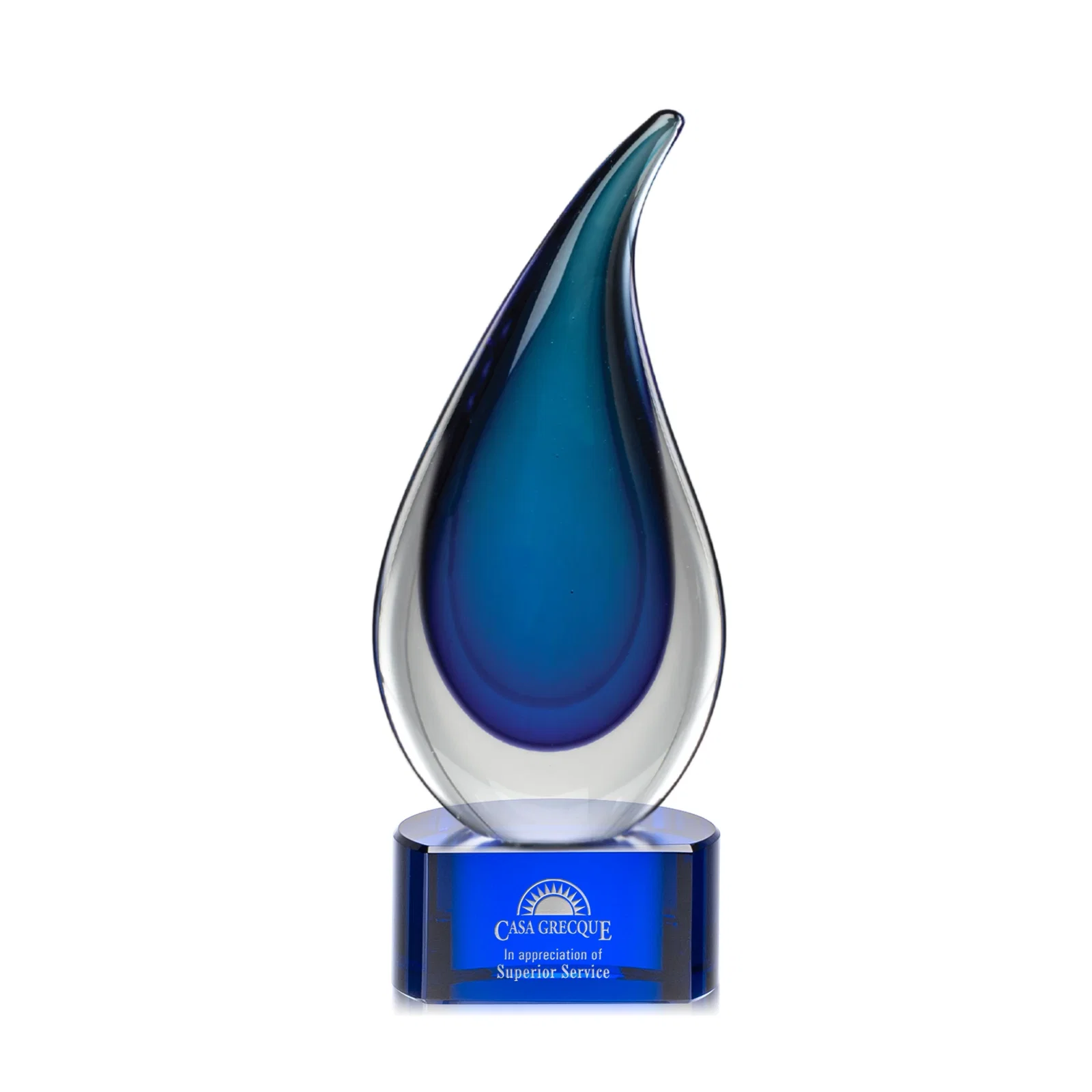 Custom Glass Flame Award With Layered Shades of Blue for team milestone celebrations