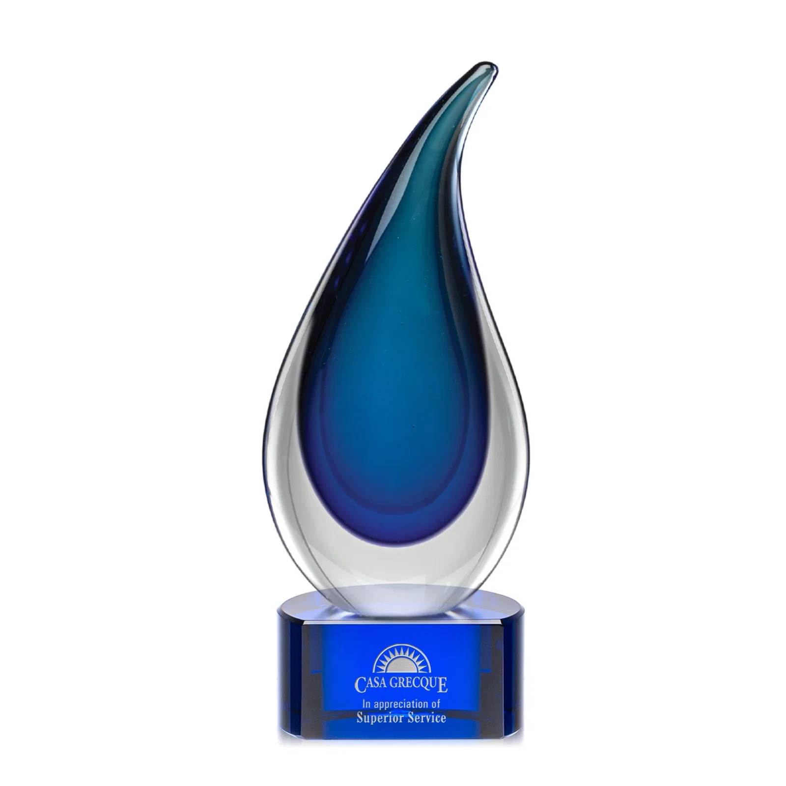 Custom Glass Flame Award With Layered Shades of Blue for donor appreciation