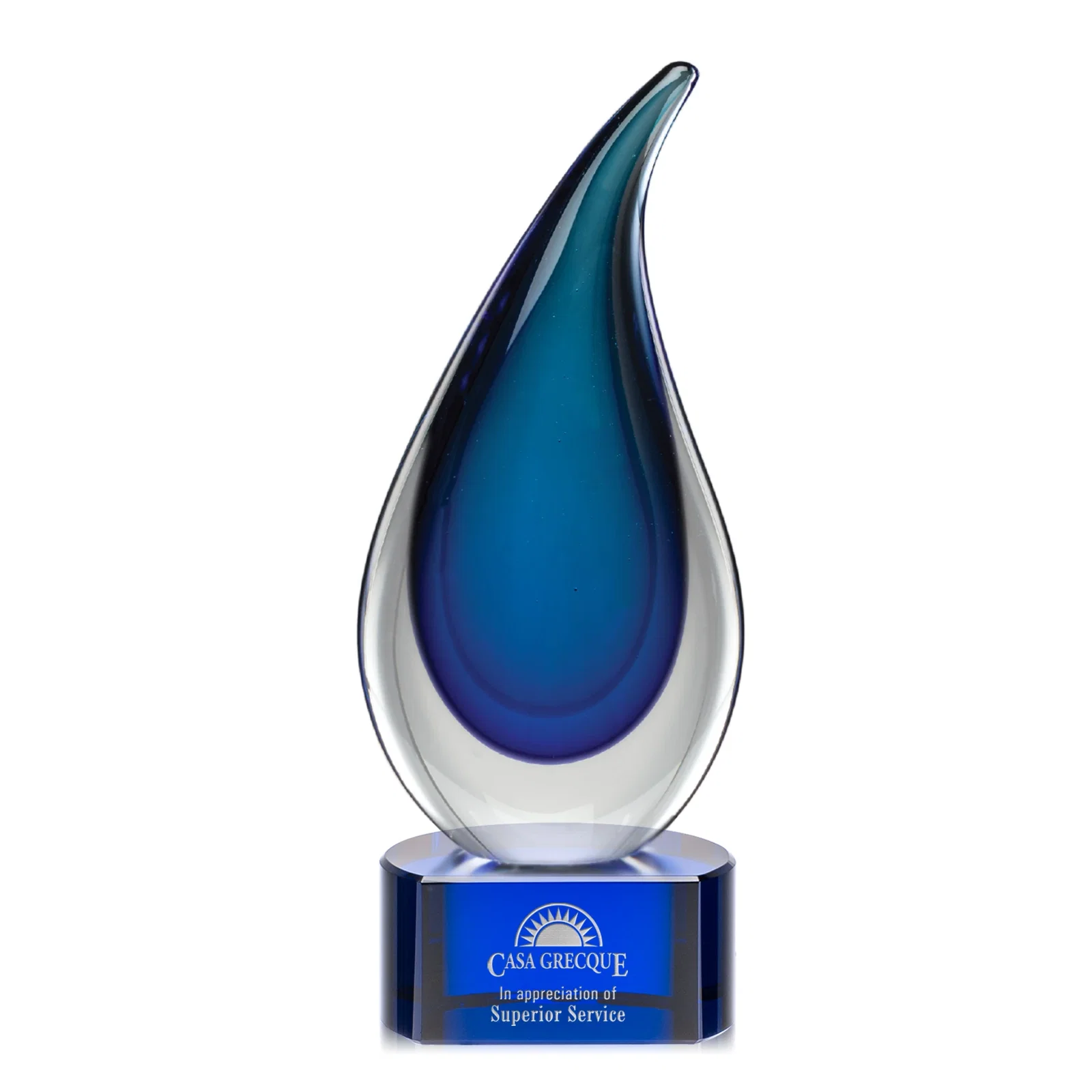 Custom Glass Flame Award With Layered Shades of Blue for graduation ceremonies