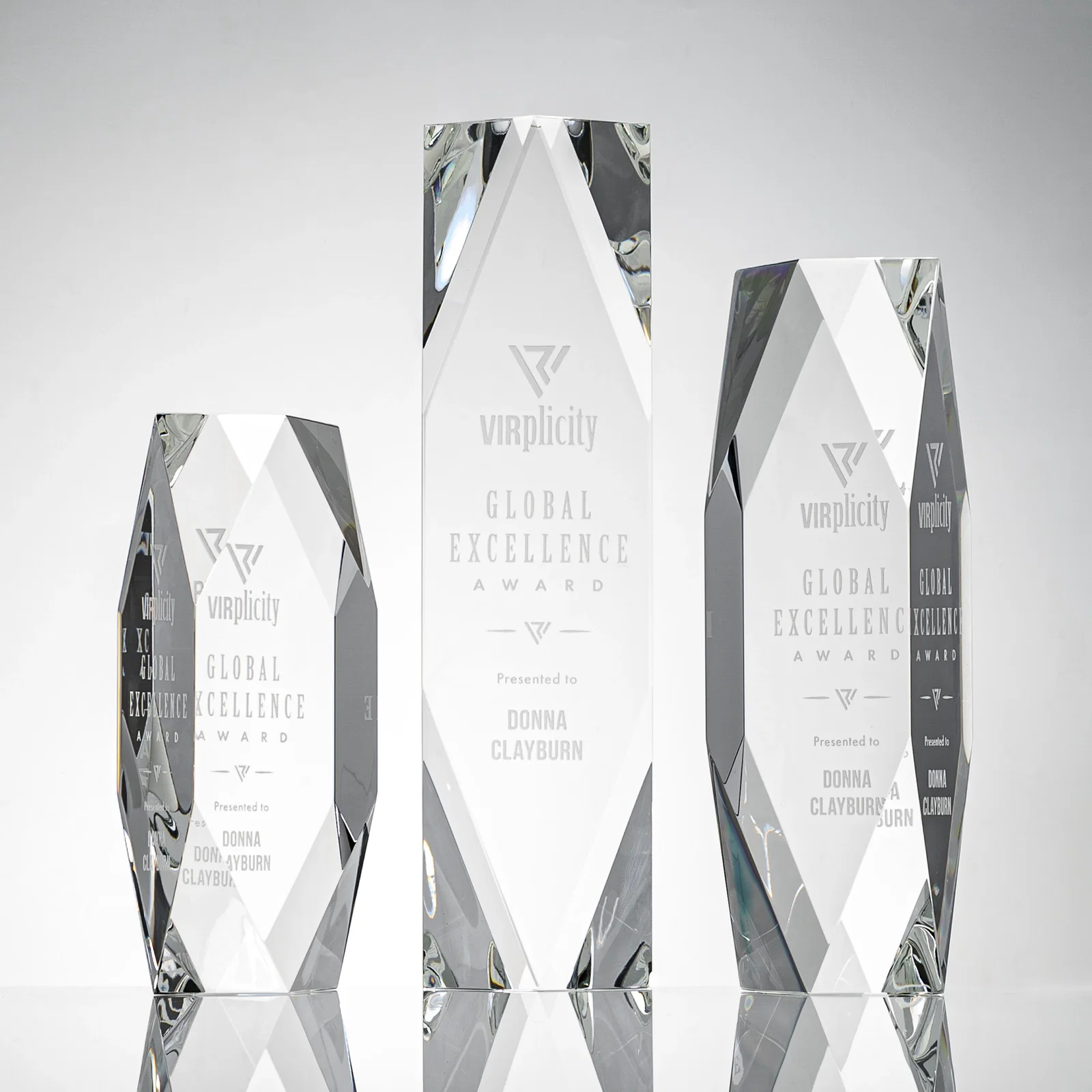 Custom Optical Crystal Tower Award with Faceted Diamond Window for employee recognition