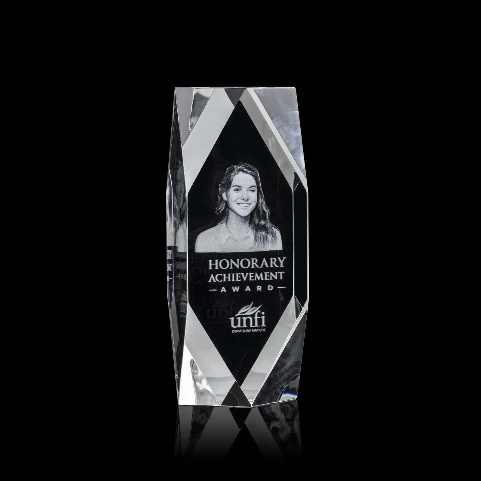 Custom Optical Crystal Tower Award with Faceted Diamond Window for volunteer appreciation