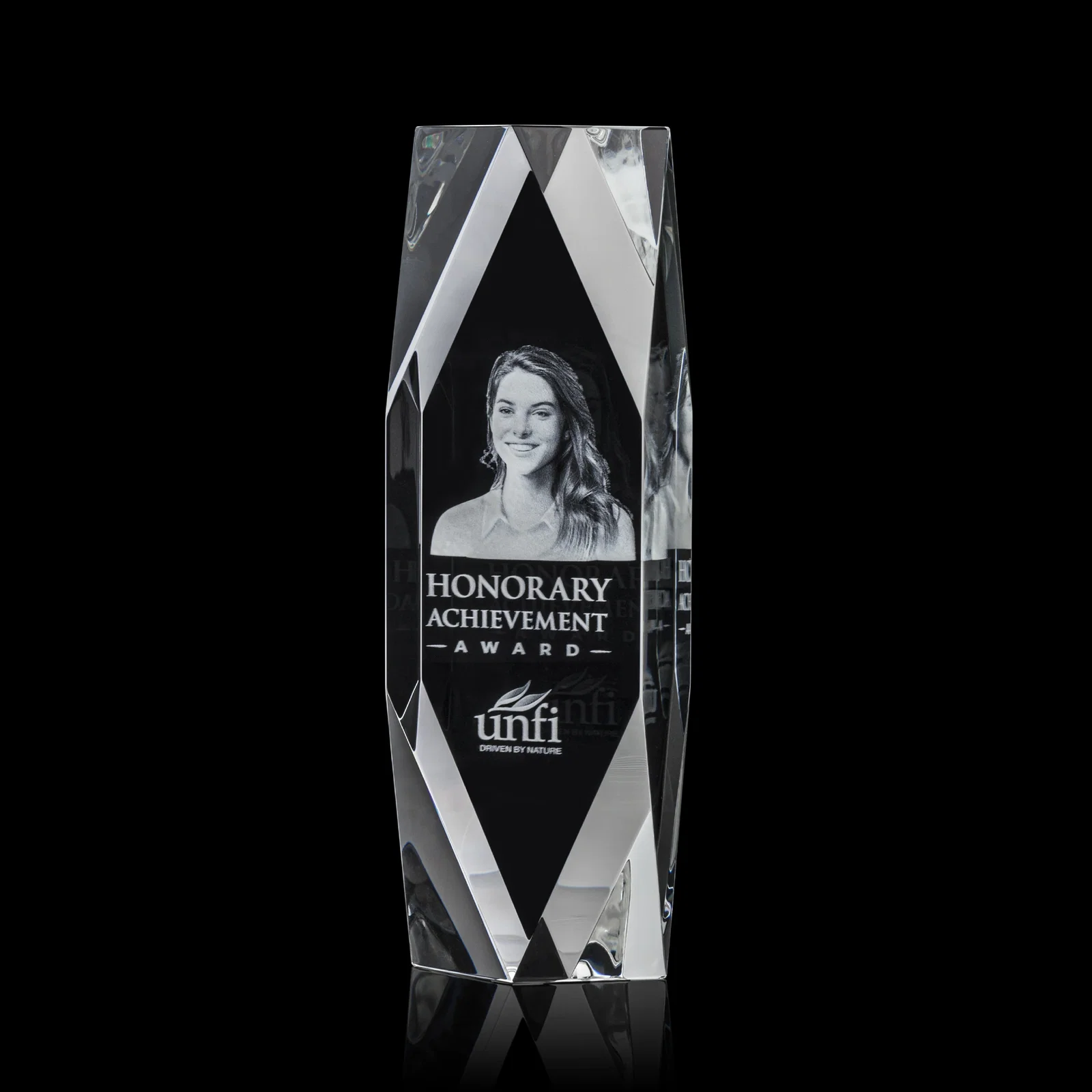 Custom Optical Crystal Tower Award with Faceted Diamond Window for dealer and partner awards