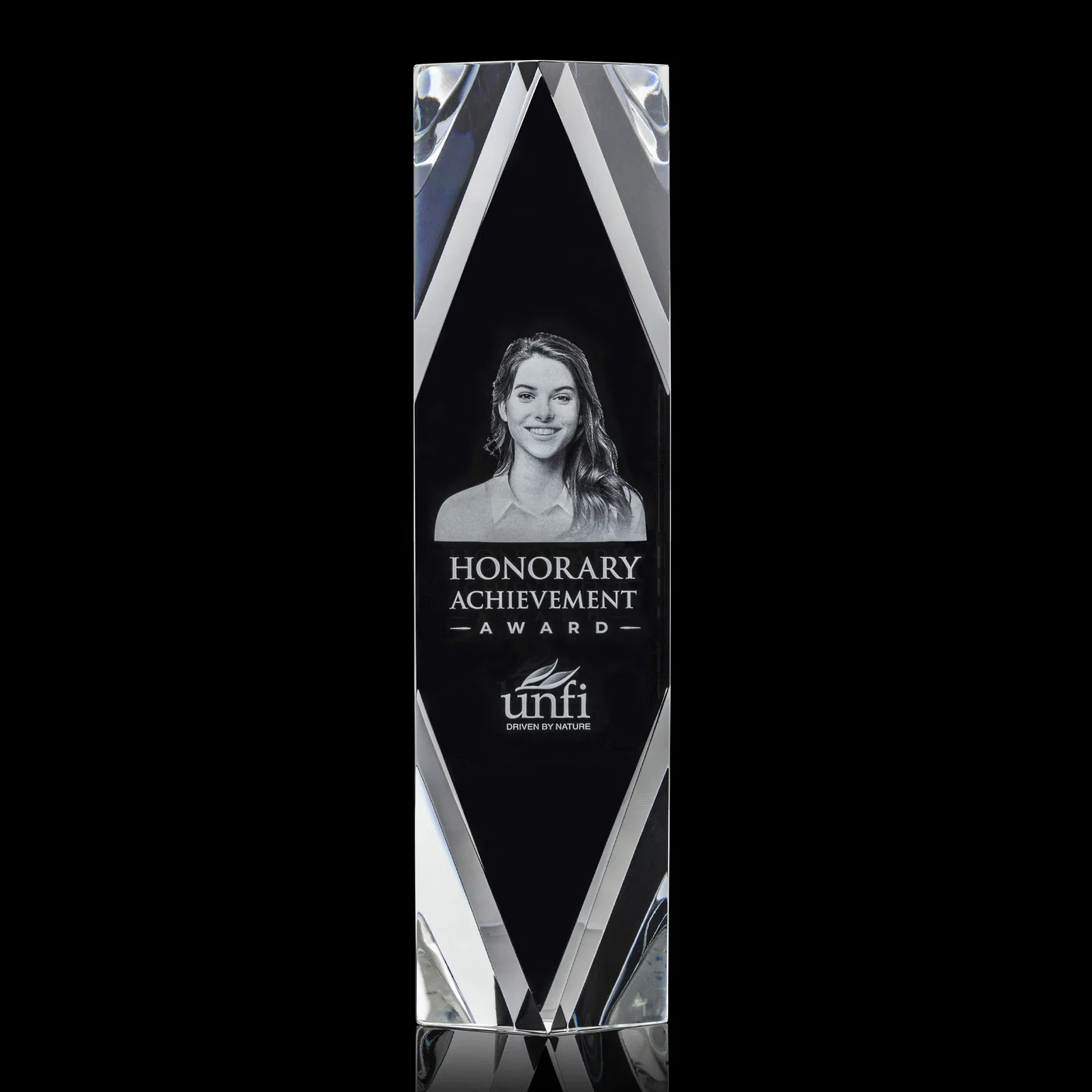 Custom Optical Crystal Tower Award with Faceted Diamond Window for company anniversary events