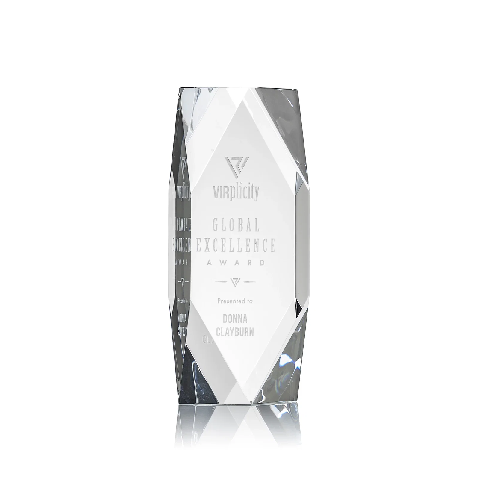 Custom Optical Crystal Tower Award with Faceted Diamond Window for corporate award ceremonies