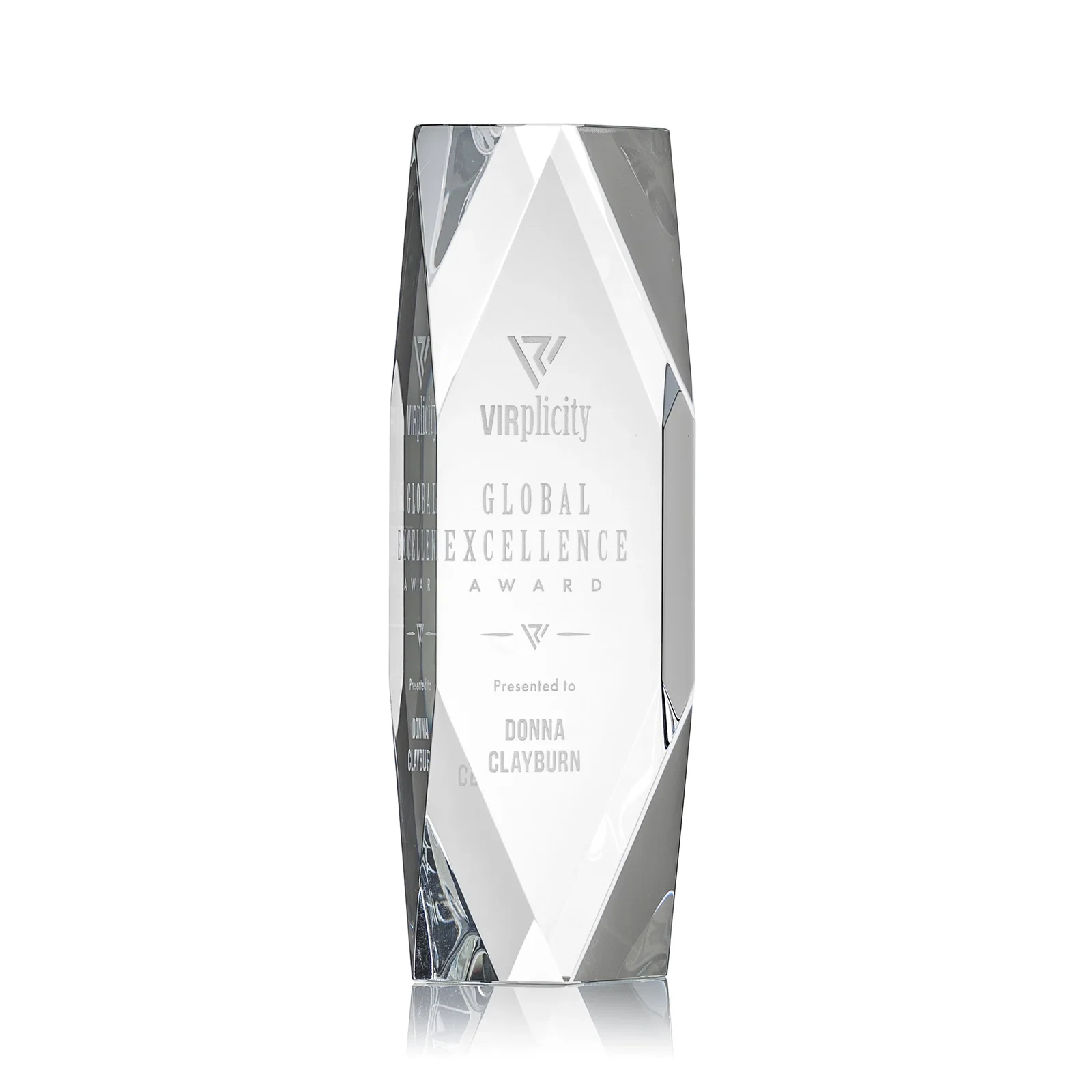 Custom Optical Crystal Tower Award with Faceted Diamond Window for service anniversary gifts