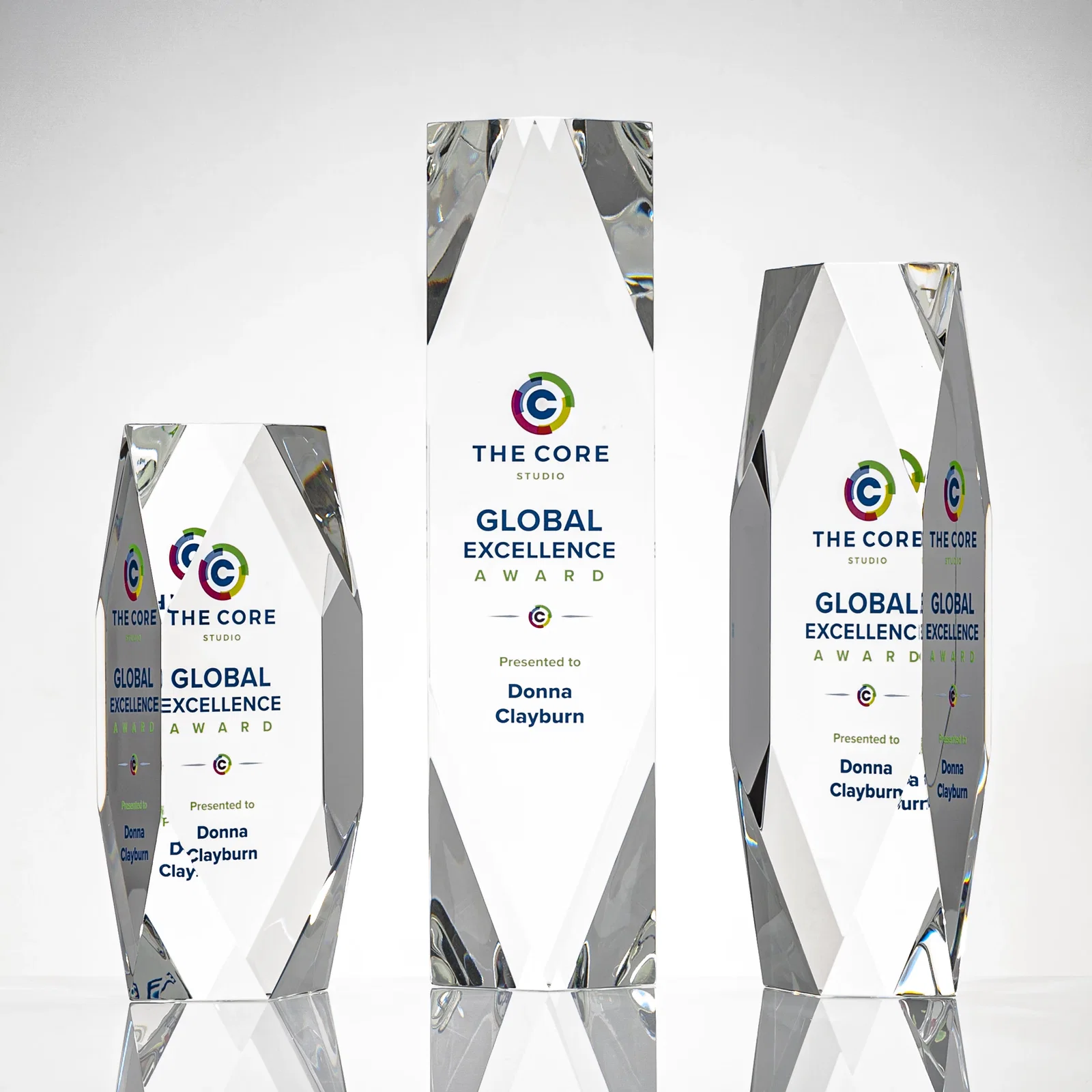 Custom Optical Crystal Tower Award with Faceted Diamond Window for retirement presentations