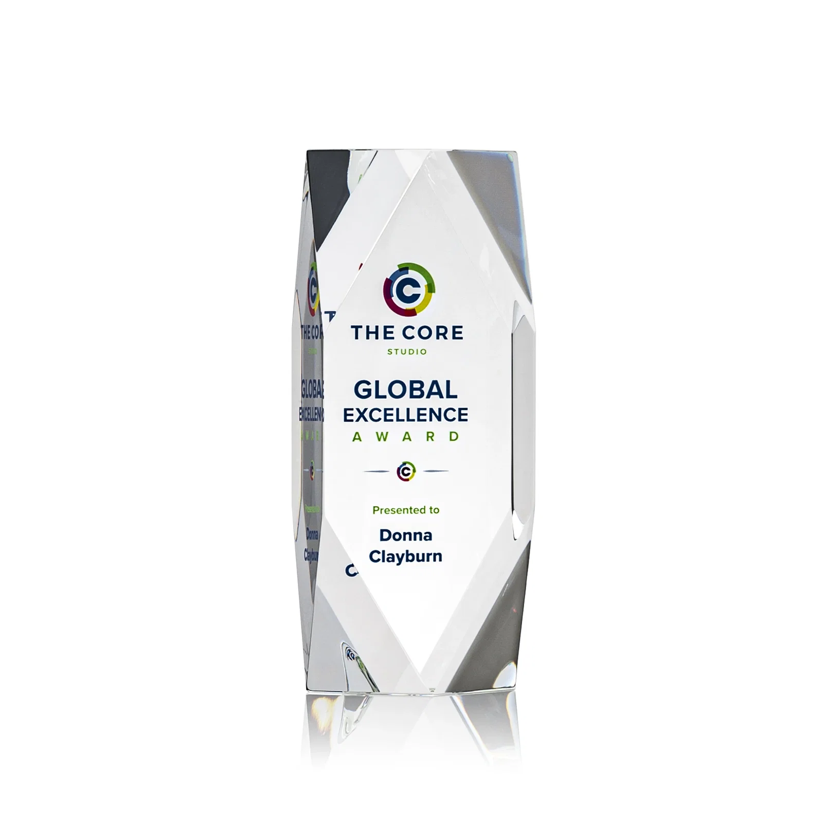 Custom Optical Crystal Tower Award with Faceted Diamond Window for team milestone celebrations