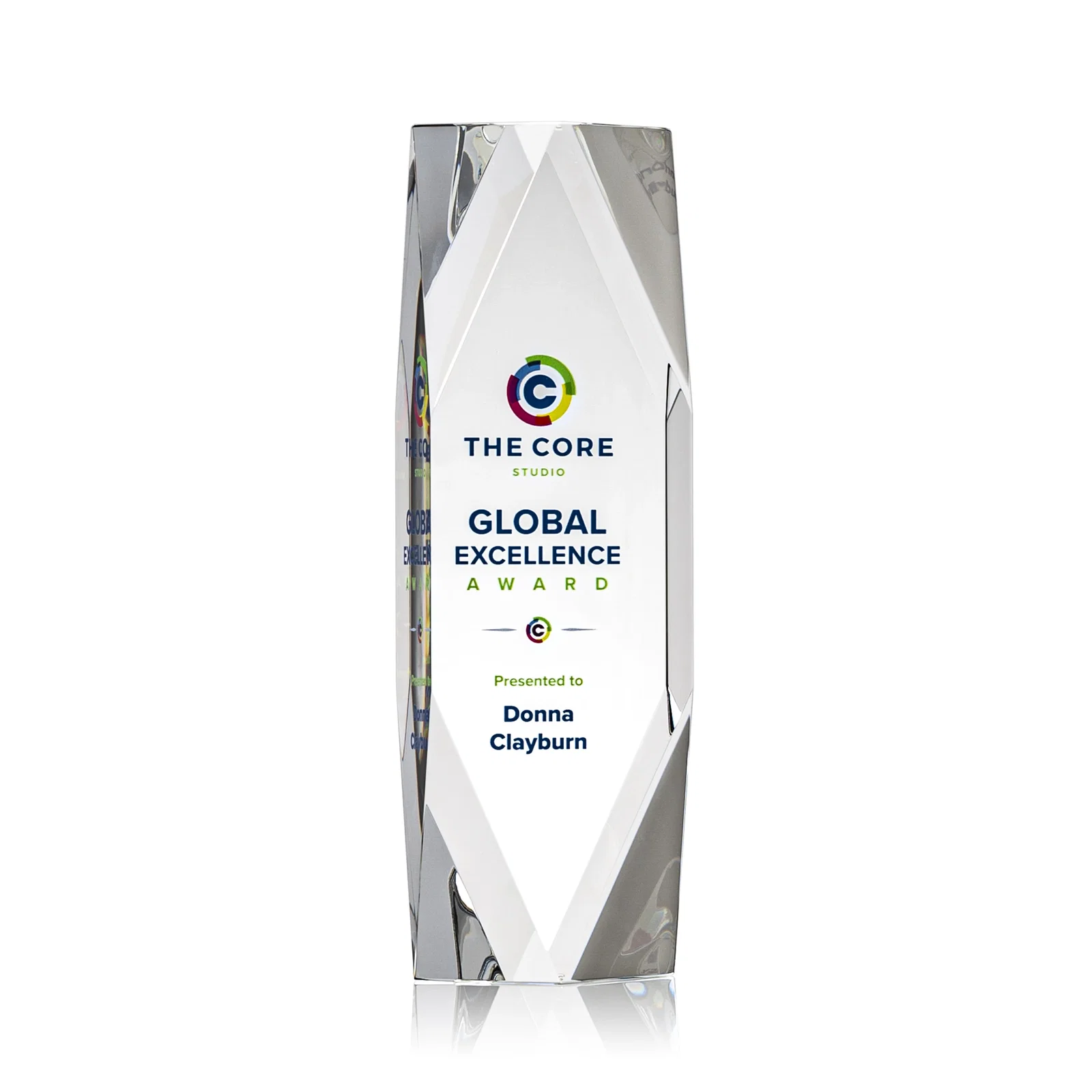 Custom Optical Crystal Tower Award with Faceted Diamond Window for donor appreciation