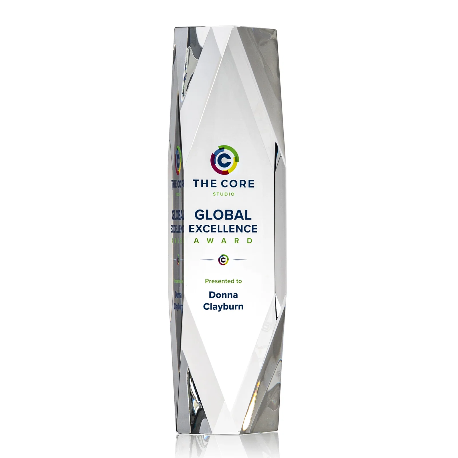 Custom Optical Crystal Tower Award with Faceted Diamond Window for graduation ceremonies