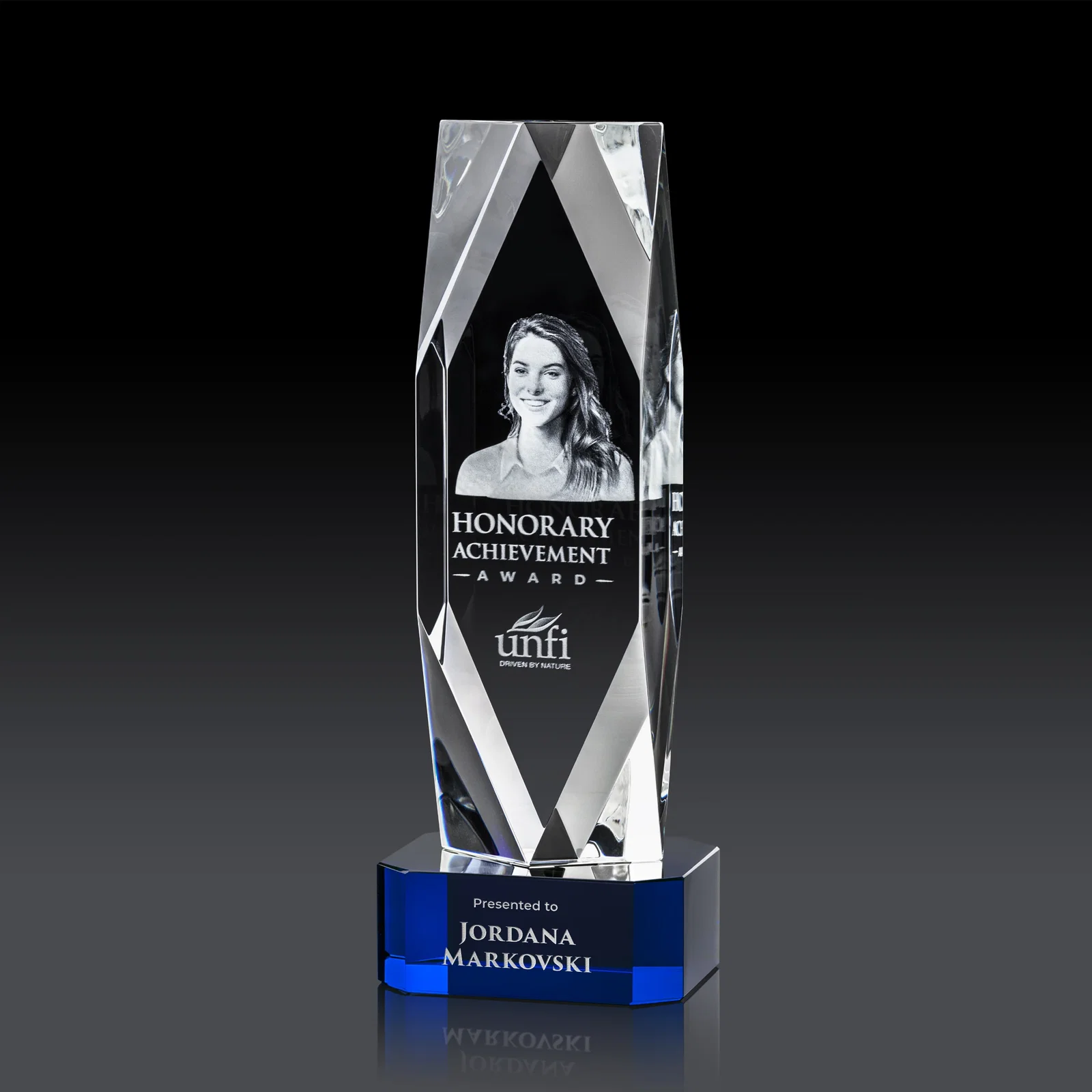 Branded Optical Crystal Award with a Faceted Diamond Window for service anniversary gifts