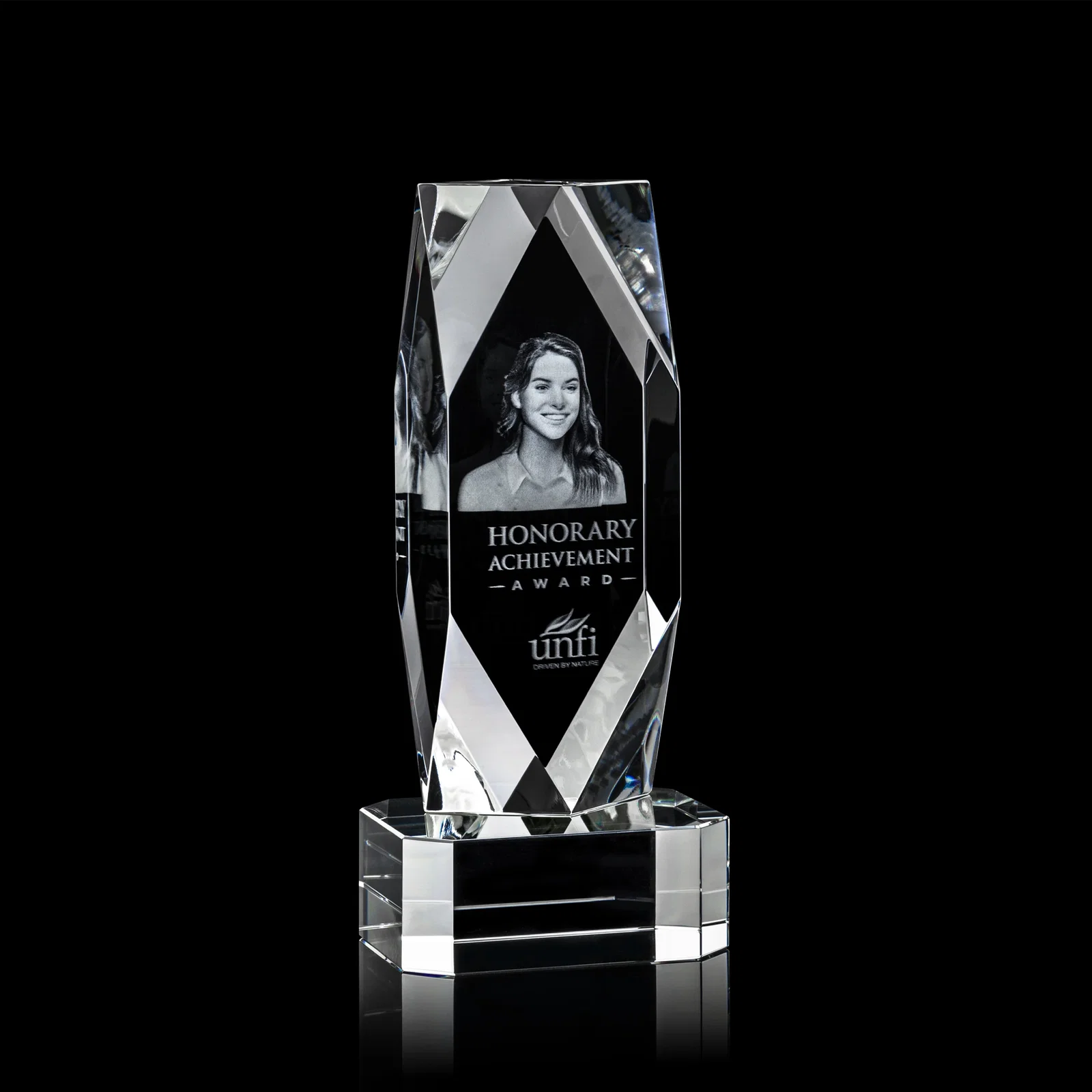 Branded Optical Crystal Award with a Faceted Diamond Window for team milestone celebrations