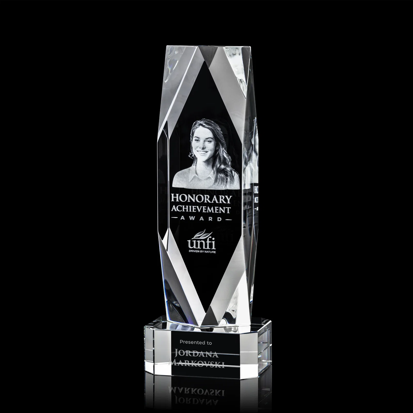 Branded Optical Crystal Award with a Faceted Diamond Window for donor appreciation