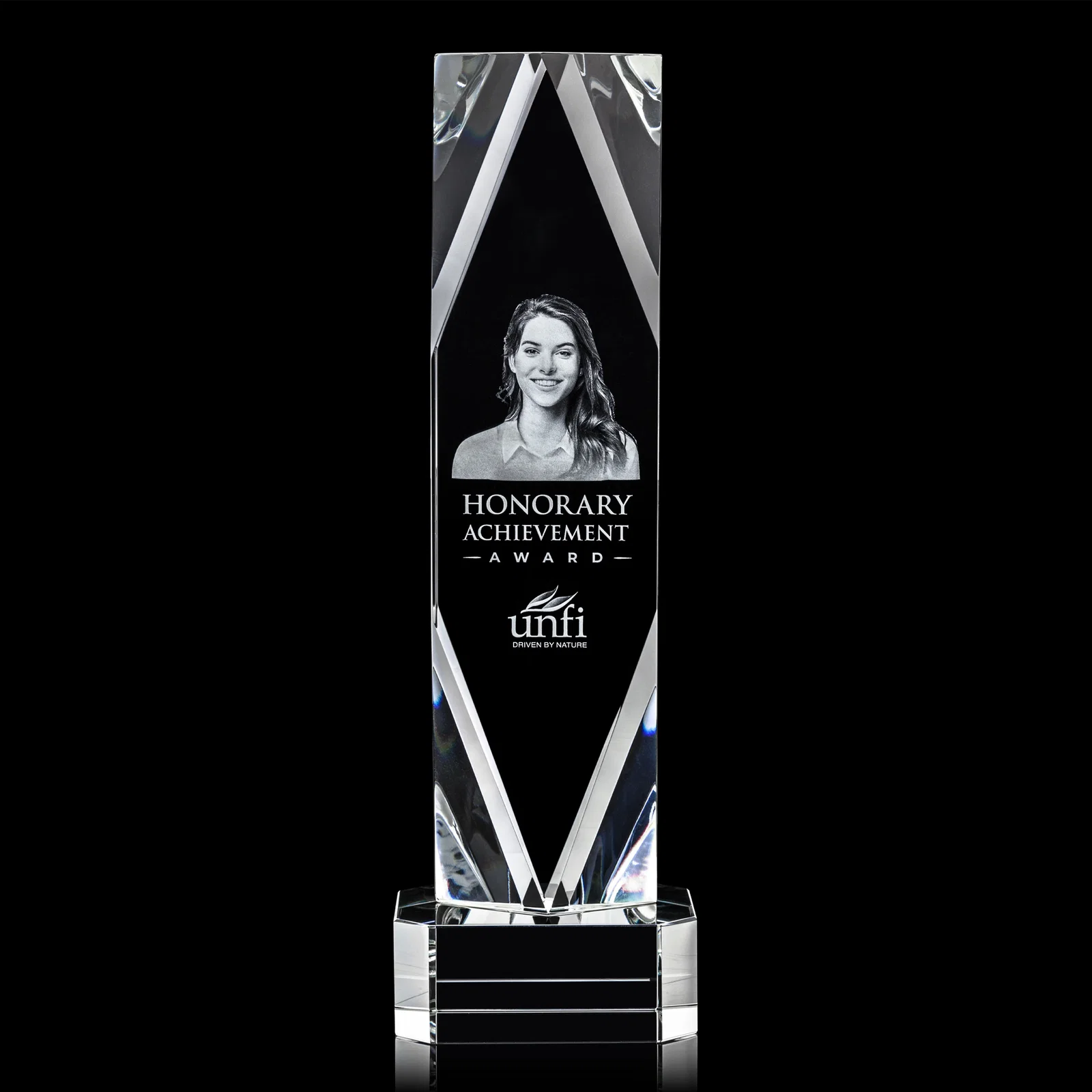 Branded Optical Crystal Award with a Faceted Diamond Window for graduation ceremonies