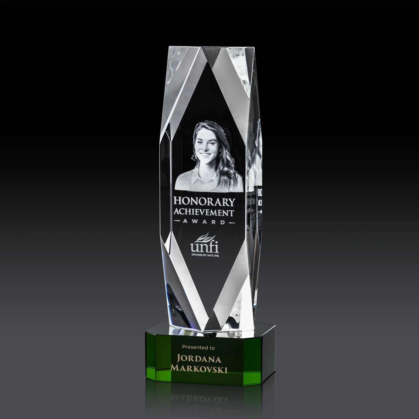 Branded Optical Crystal Award with a Faceted Diamond Window for dealer and partner awards