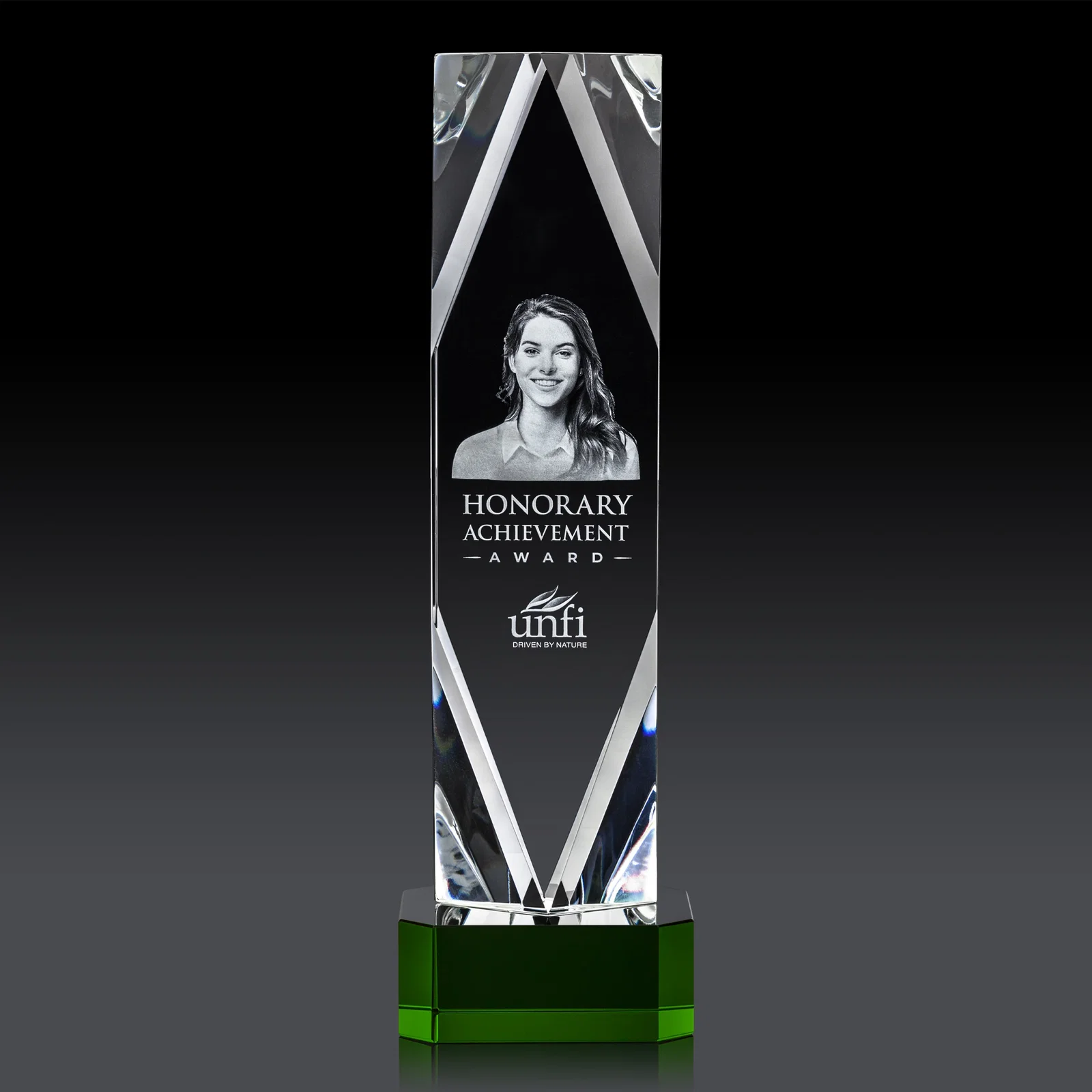 Branded Optical Crystal Award with a Faceted Diamond Window for company anniversary events