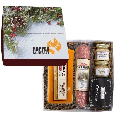 Cheese and cured meats arranged in the eight-inch square case