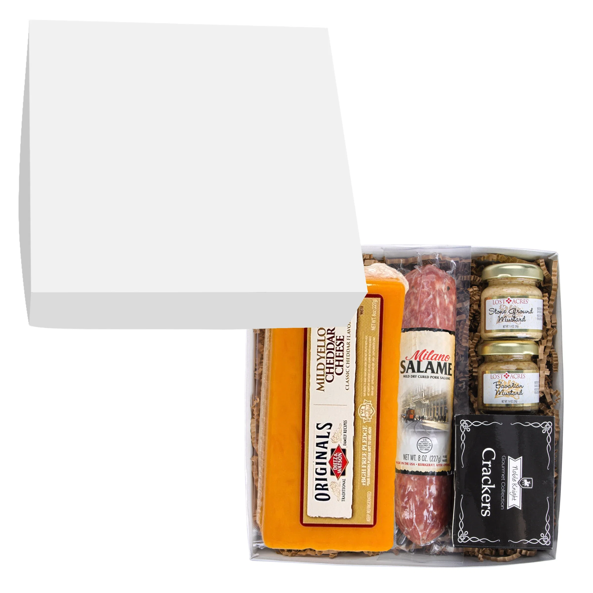 Open box revealing an assortment of gourmet savory snacks